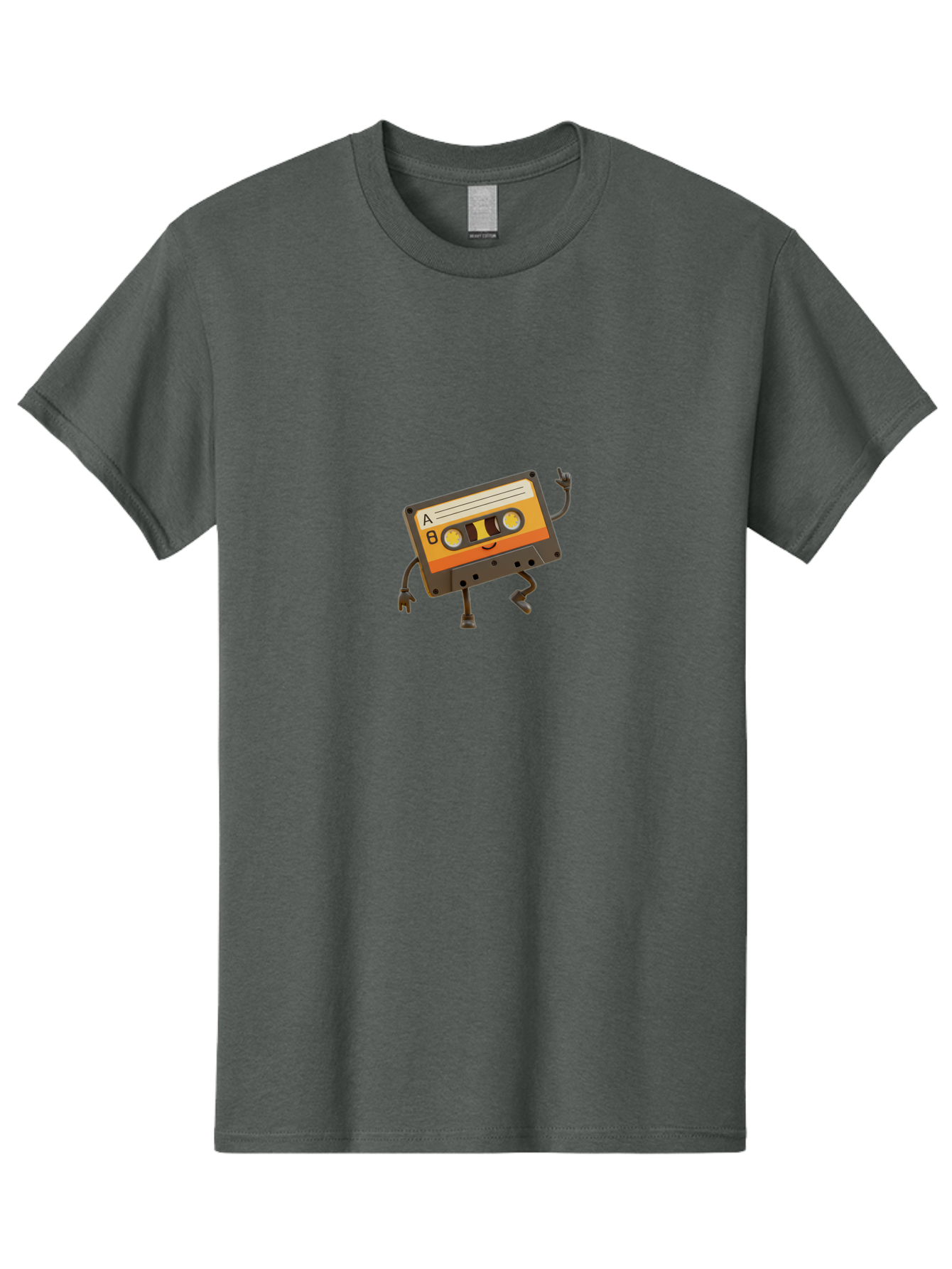 Mix-Tape Men'S Graphic Tee, 100% Cotton, Comfortable Casual Summer Wear, Machine Washable, Retro Cassette Tape, Funky Art, Cartoon Character, Orange Label, Smiley Face, Wacky Pose, Rock On Gesture, Nostalgic Vibe, Music Icon, Fun Design, Bab014