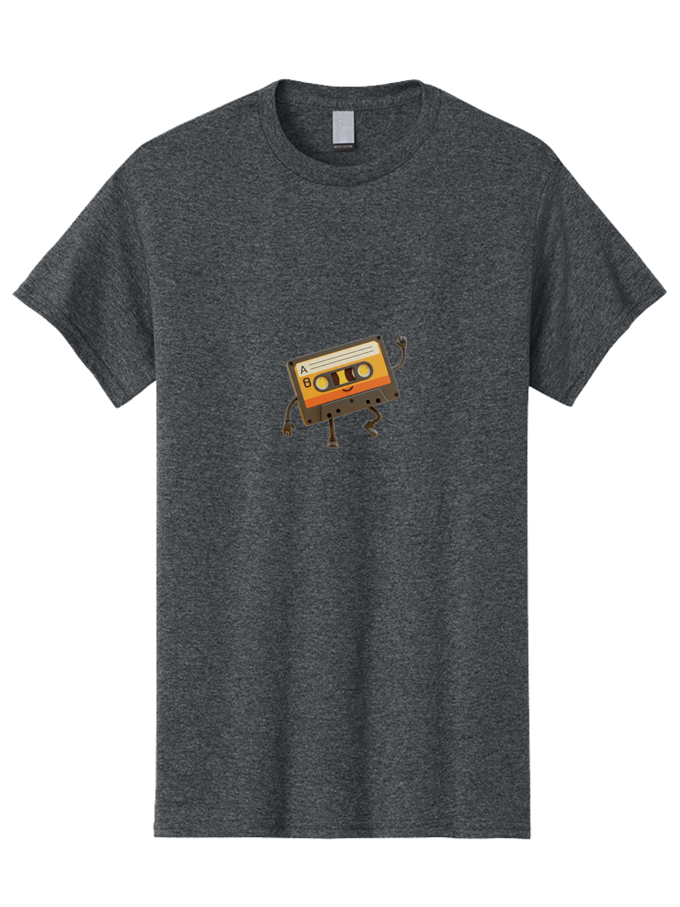 Mix-Tape Men'S Graphic Tee, 100% Cotton, Comfortable Casual Summer Wear, Machine Washable, Retro Cassette Tape, Funky Art, Cartoon Character, Orange Label, Smiley Face, Wacky Pose, Rock On Gesture, Nostalgic Vibe, Music Icon, Fun Design, Bab014
