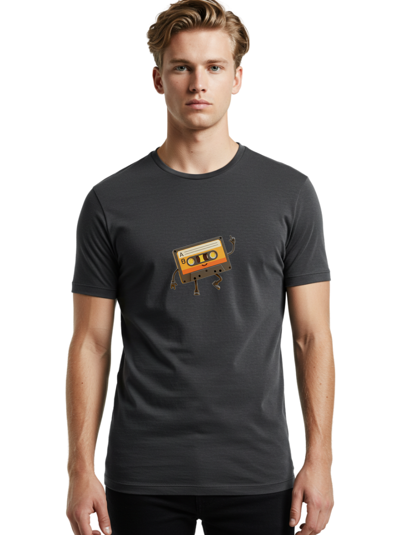 Mix-Tape Men'S Graphic Tee, 100% Cotton, Comfortable Casual Summer Wear, Machine Washable, Retro Cassette Tape, Funky Art, Cartoon Character, Orange Label, Smiley Face, Wacky Pose, Rock On Gesture, Nostalgic Vibe, Music Icon, Fun Design, Bab014