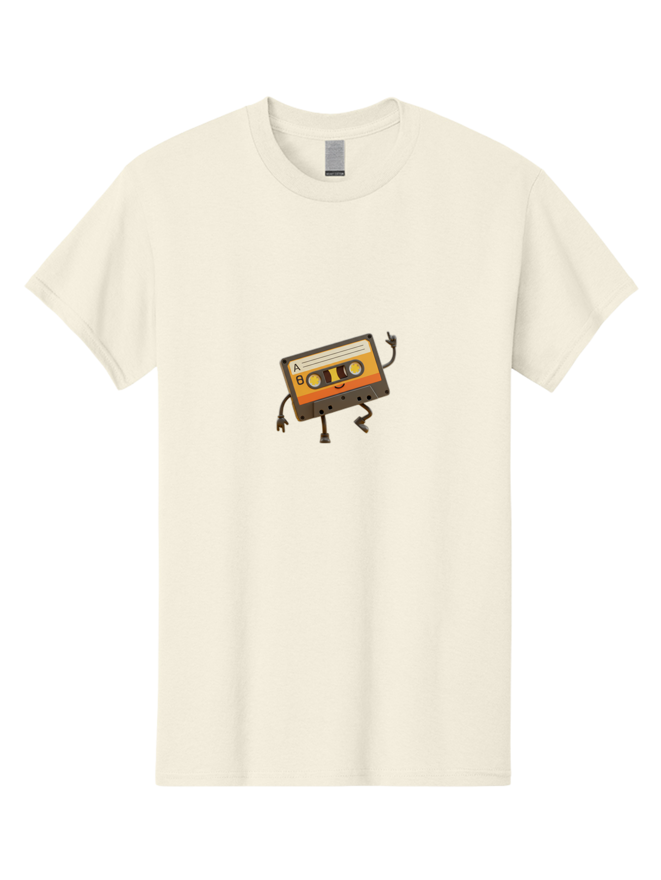 Mix-Tape Men'S Graphic Tee, 100% Cotton, Comfortable Casual Summer Wear, Machine Washable, Retro Cassette Tape, Funky Art, Cartoon Character, Orange Label, Smiley Face, Wacky Pose, Rock On Gesture, Nostalgic Vibe, Music Icon, Fun Design, Bab014