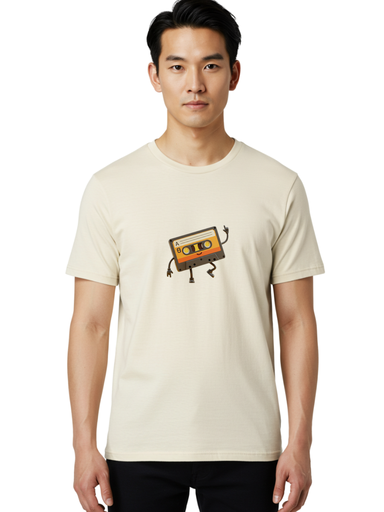 Mix-Tape Men'S Graphic Tee, 100% Cotton, Comfortable Casual Summer Wear, Machine Washable, Retro Cassette Tape, Funky Art, Cartoon Character, Orange Label, Smiley Face, Wacky Pose, Rock On Gesture, Nostalgic Vibe, Music Icon, Fun Design, Bab014