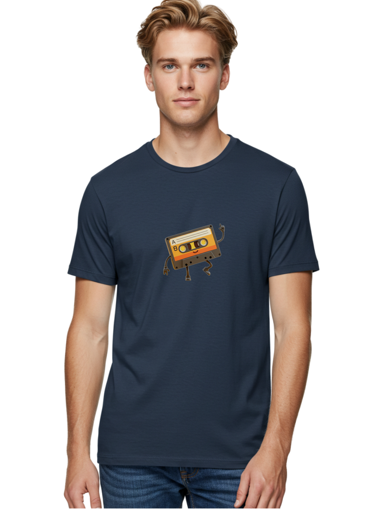 Mix-Tape Men'S Graphic Tee, 100% Cotton, Comfortable Casual Summer Wear, Machine Washable, Retro Cassette Tape, Funky Art, Cartoon Character, Orange Label, Smiley Face, Wacky Pose, Rock On Gesture, Nostalgic Vibe, Music Icon, Fun Design, Bab014