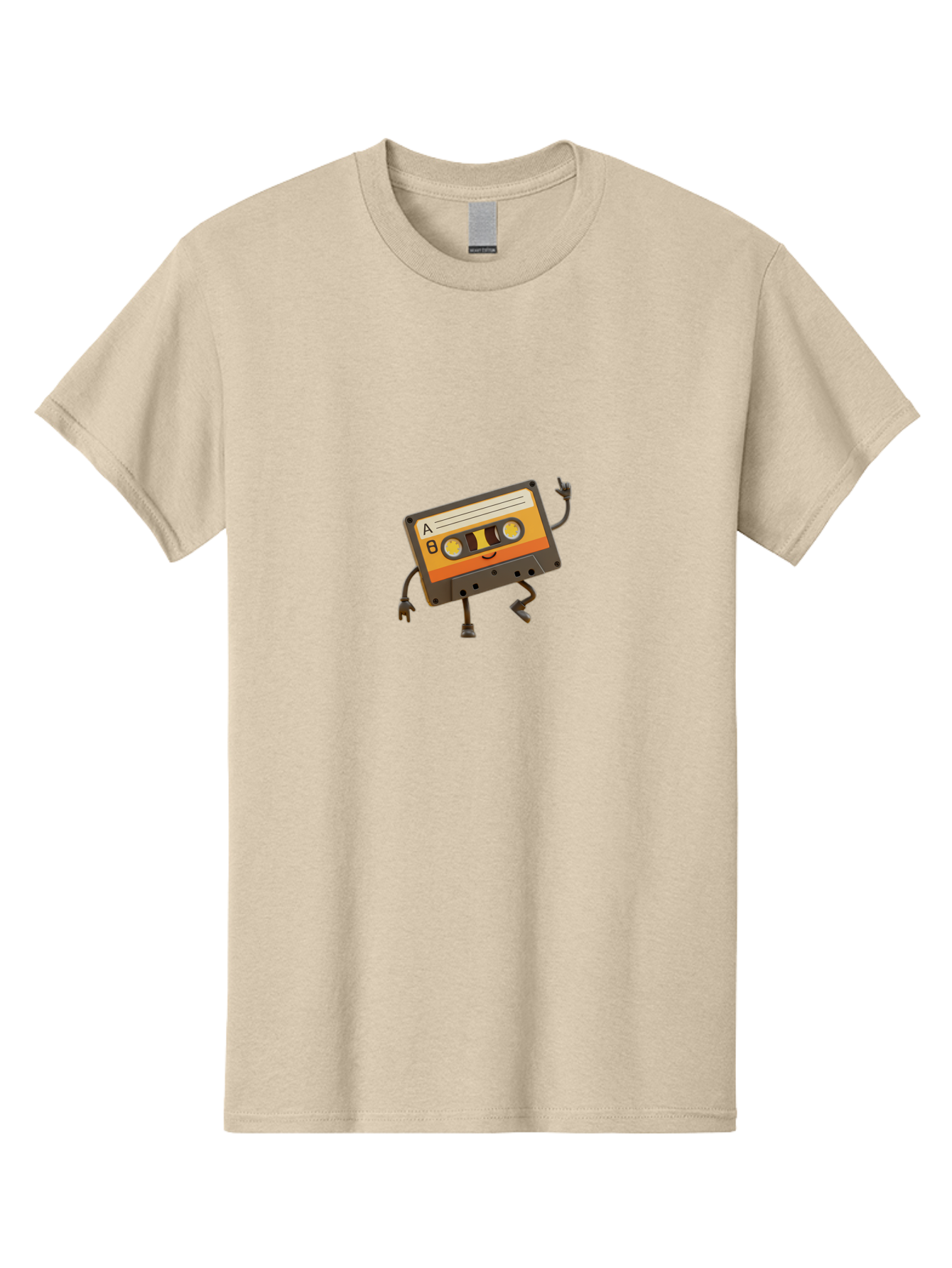 Mix-Tape Men'S Graphic Tee, 100% Cotton, Comfortable Casual Summer Wear, Machine Washable, Retro Cassette Tape, Funky Art, Cartoon Character, Orange Label, Smiley Face, Wacky Pose, Rock On Gesture, Nostalgic Vibe, Music Icon, Fun Design, Bab014