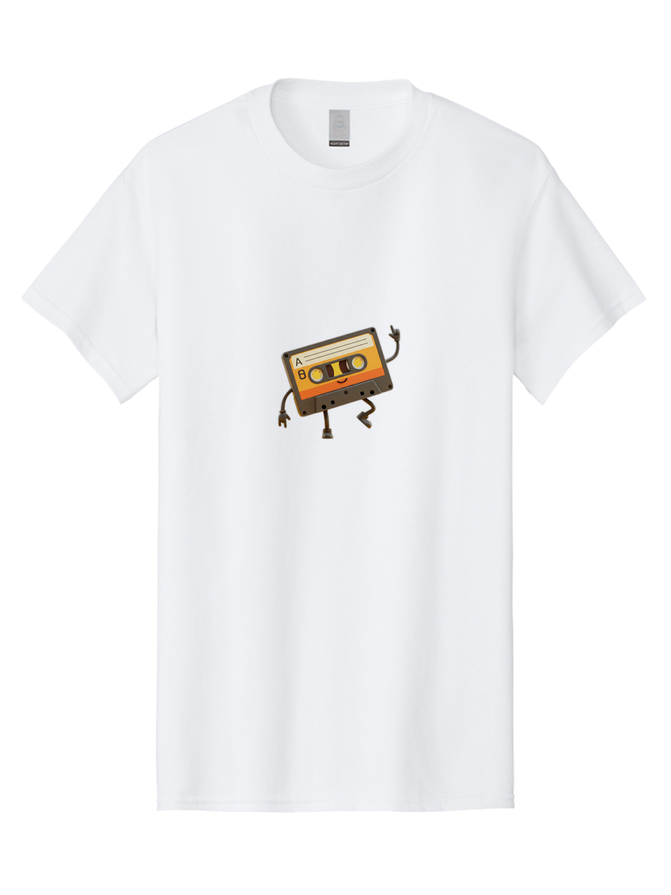 Mix-Tape Men'S Graphic Tee, 100% Cotton, Comfortable Casual Summer Wear, Machine Washable, Retro Cassette Tape, Funky Art, Cartoon Character, Orange Label, Smiley Face, Wacky Pose, Rock On Gesture, Nostalgic Vibe, Music Icon, Fun Design, Bab014