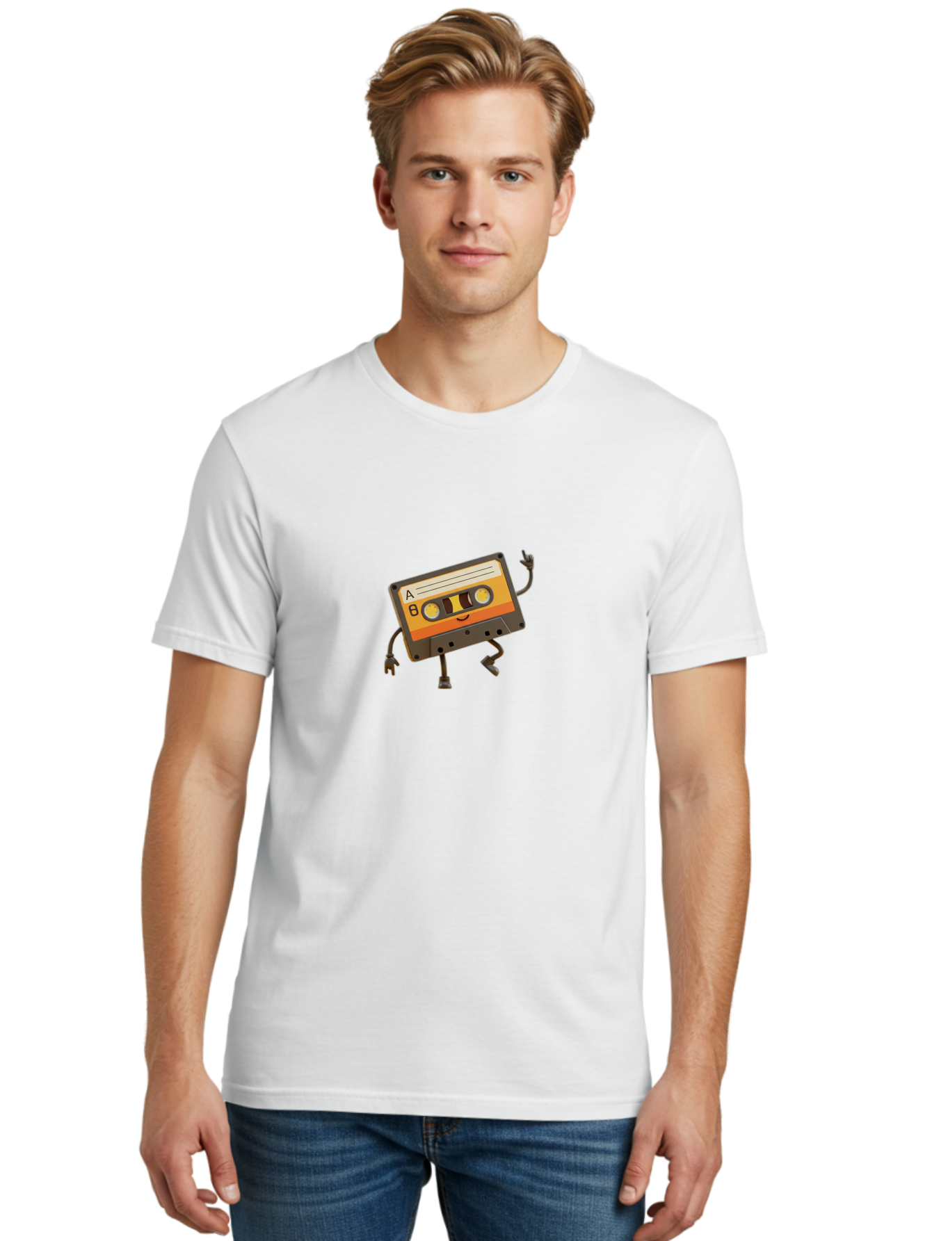 Mix-Tape Men'S Graphic Tee, 100% Cotton, Comfortable Casual Summer Wear, Machine Washable, Retro Cassette Tape, Funky Art, Cartoon Character, Orange Label, Smiley Face, Wacky Pose, Rock On Gesture, Nostalgic Vibe, Music Icon, Fun Design, Bab014