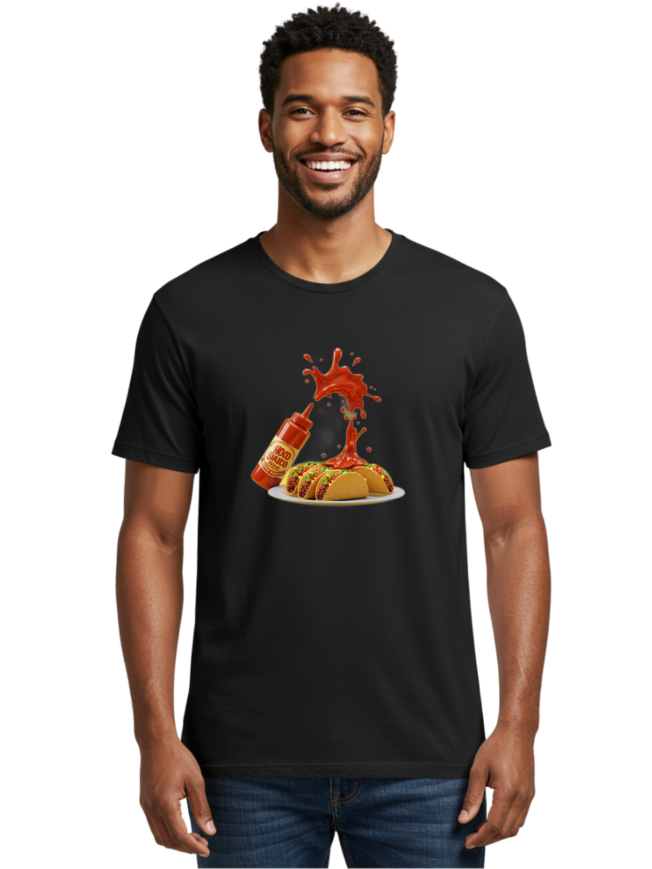 Mojo-Salsa Men'S Graphic Tee, 100% Cotton, Comfortable Casual Summer Wear, Machine Washable, Mad Dog Inferno Sauce, Hot Sauce, Spicy Food, Tacos, Taco Tuesday, Mexican Cuisine, Condiment, Red Sauce, Bold Flavor, Saucy Splatter, Foodie Bab015
