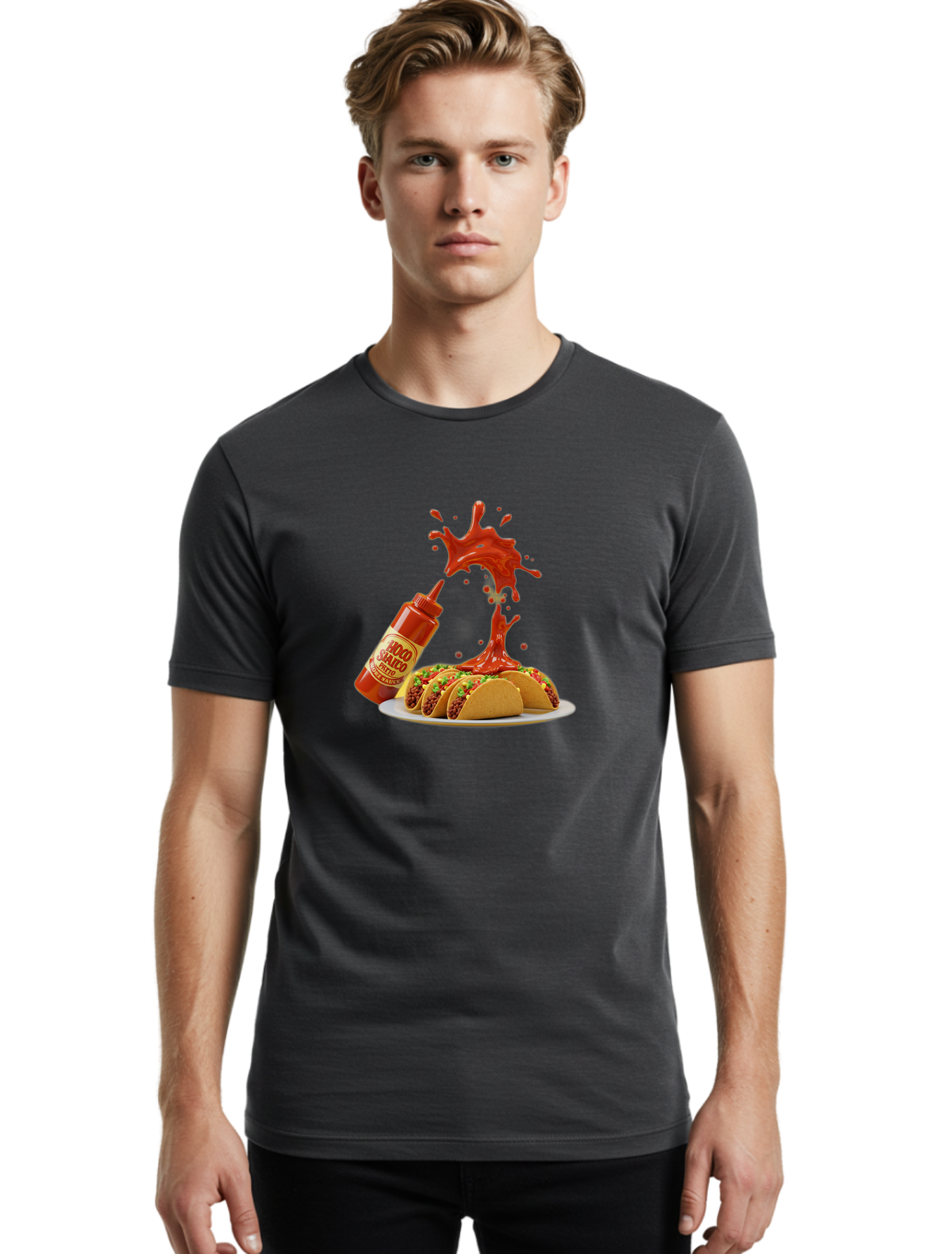 Mojo-Salsa Men'S Graphic Tee, 100% Cotton, Comfortable Casual Summer Wear, Machine Washable, Mad Dog Inferno Sauce, Hot Sauce, Spicy Food, Tacos, Taco Tuesday, Mexican Cuisine, Condiment, Red Sauce, Bold Flavor, Saucy Splatter, Foodie Bab015