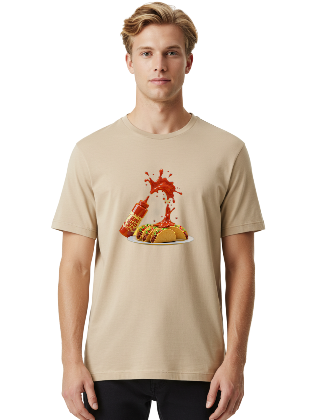 Mojo-Salsa Men'S Graphic Tee, 100% Cotton, Comfortable Casual Summer Wear, Machine Washable, Mad Dog Inferno Sauce, Hot Sauce, Spicy Food, Tacos, Taco Tuesday, Mexican Cuisine, Condiment, Red Sauce, Bold Flavor, Saucy Splatter, Foodie Bab015