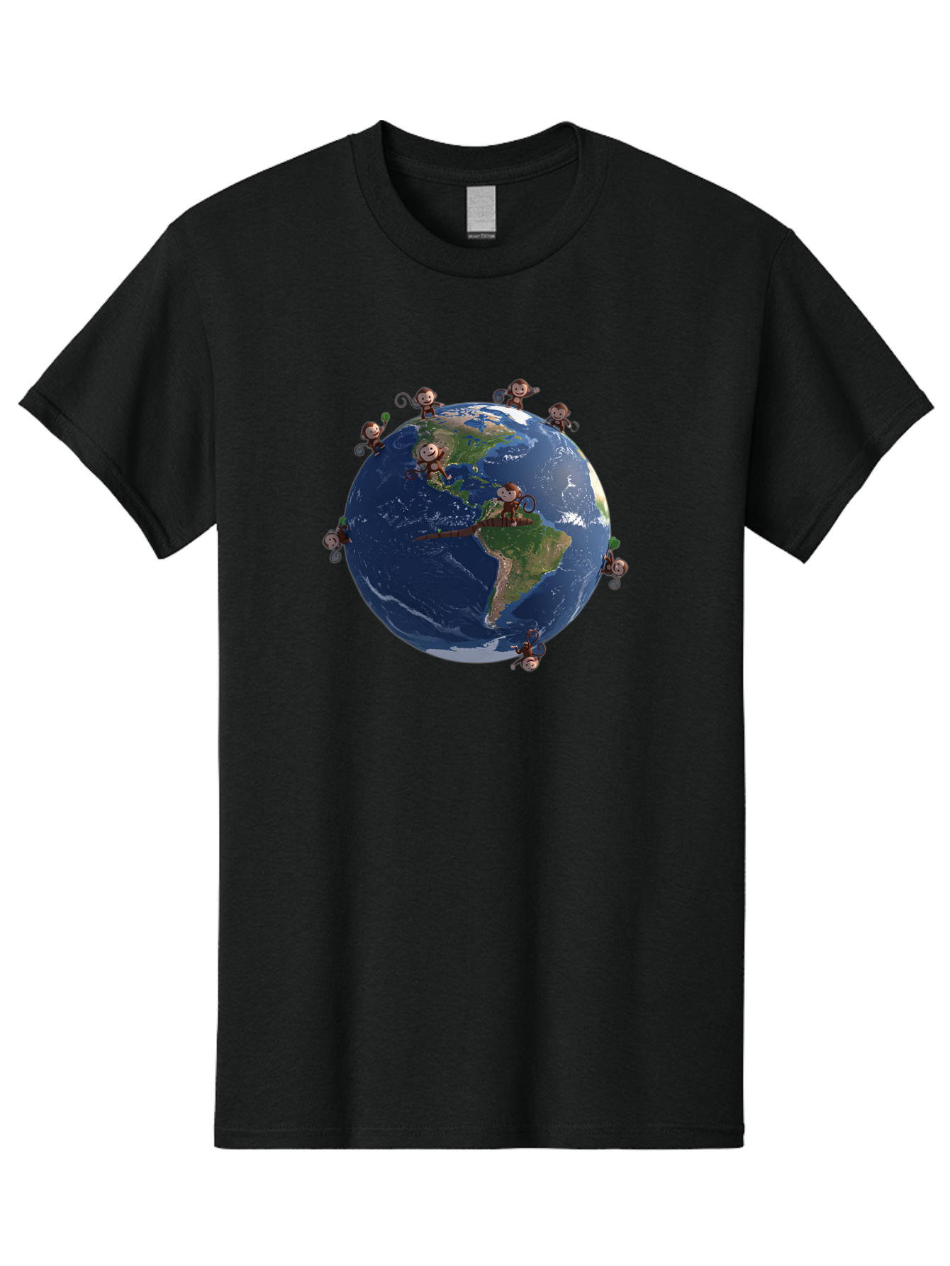 Monkeys-Around-The-World Men'S Graphic Tee, 100% Cotton, Comfortable Casual Summer Wear, Machine Washable, Monkeys On The Globe, Playful Primates, World Map, International Fun, Cartoon Characters, Global Unity, Amusing Scene, Monkey Business Bab017