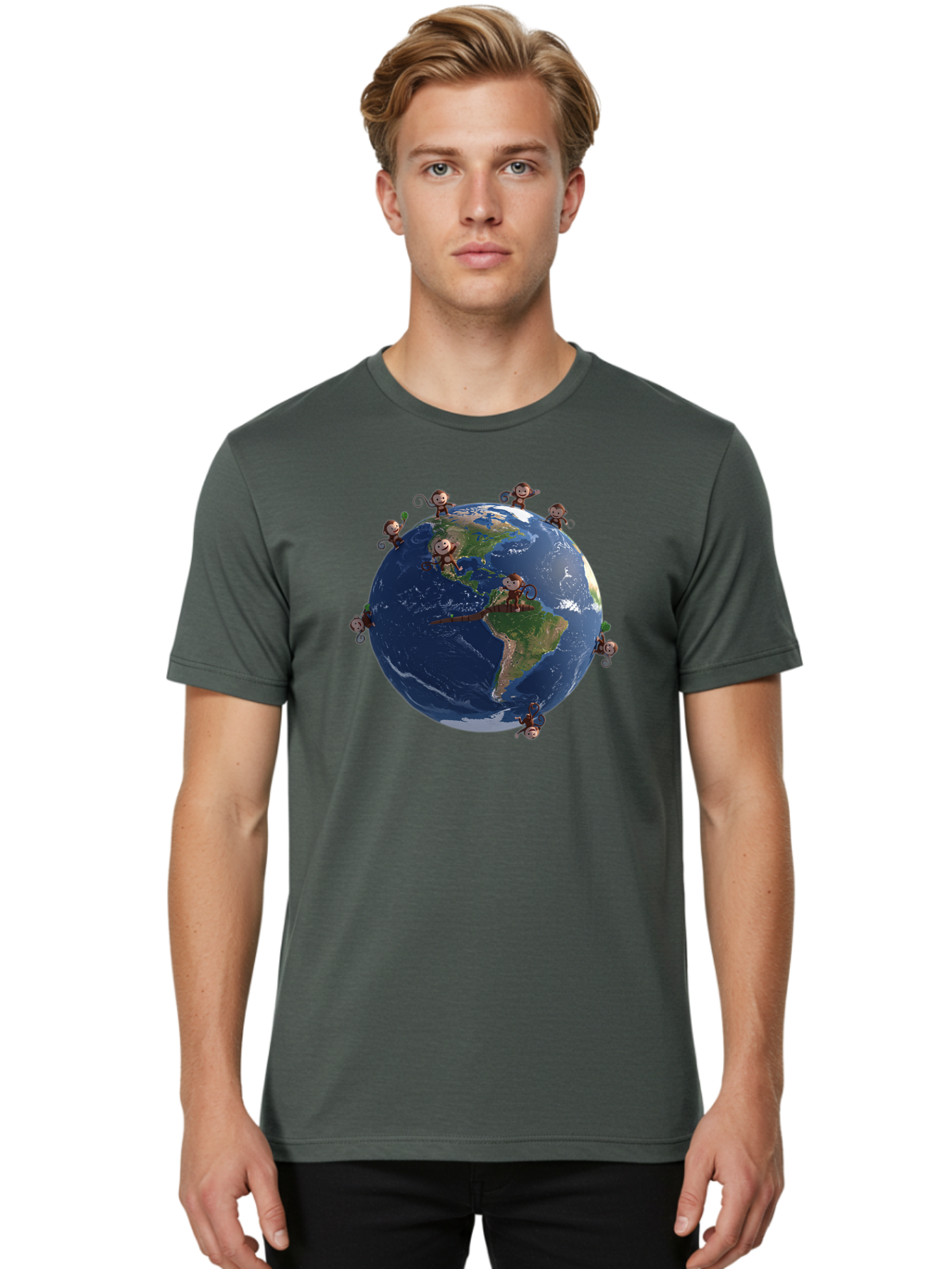 Monkeys-Around-The-World Men'S Graphic Tee, 100% Cotton, Comfortable Casual Summer Wear, Machine Washable, Monkeys On The Globe, Playful Primates, World Map, International Fun, Cartoon Characters, Global Unity, Amusing Scene, Monkey Business Bab017