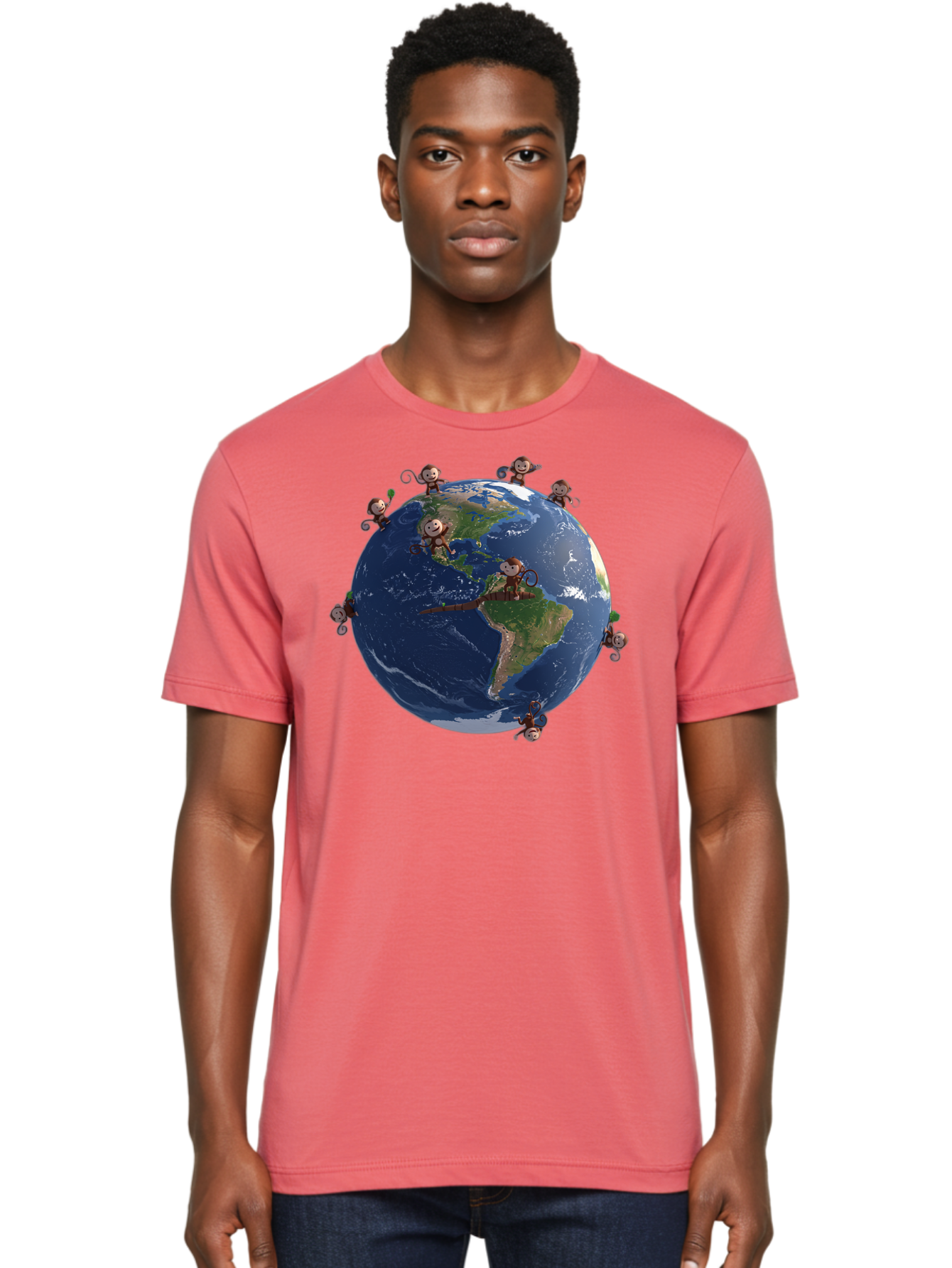 Monkeys-Around-The-World Men'S Graphic Tee, 100% Cotton, Comfortable Casual Summer Wear, Machine Washable, Monkeys On The Globe, Playful Primates, World Map, International Fun, Cartoon Characters, Global Unity, Amusing Scene, Monkey Business Bab017