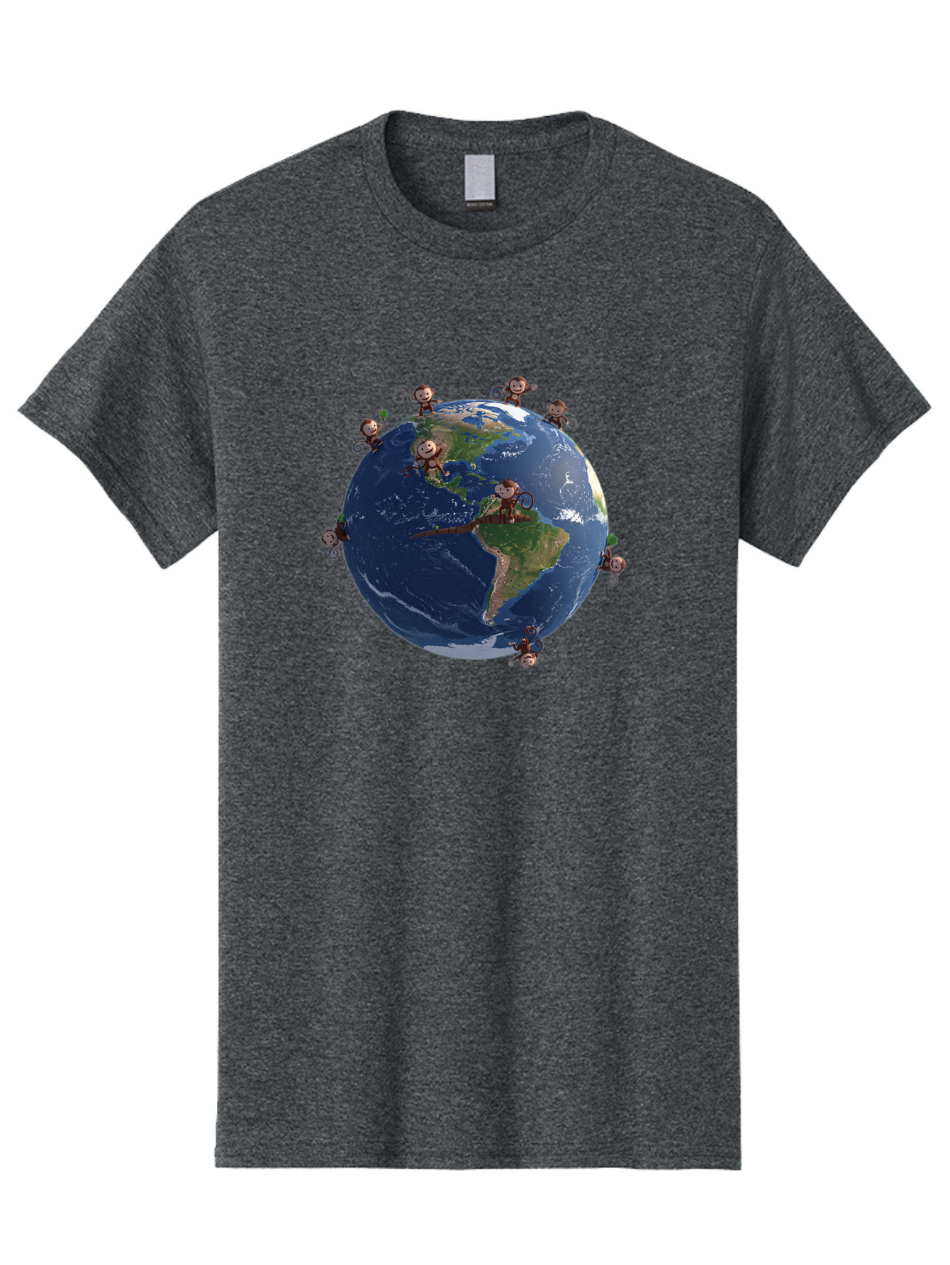 Monkeys-Around-The-World Men'S Graphic Tee, 100% Cotton, Comfortable Casual Summer Wear, Machine Washable, Monkeys On The Globe, Playful Primates, World Map, International Fun, Cartoon Characters, Global Unity, Amusing Scene, Monkey Business Bab017