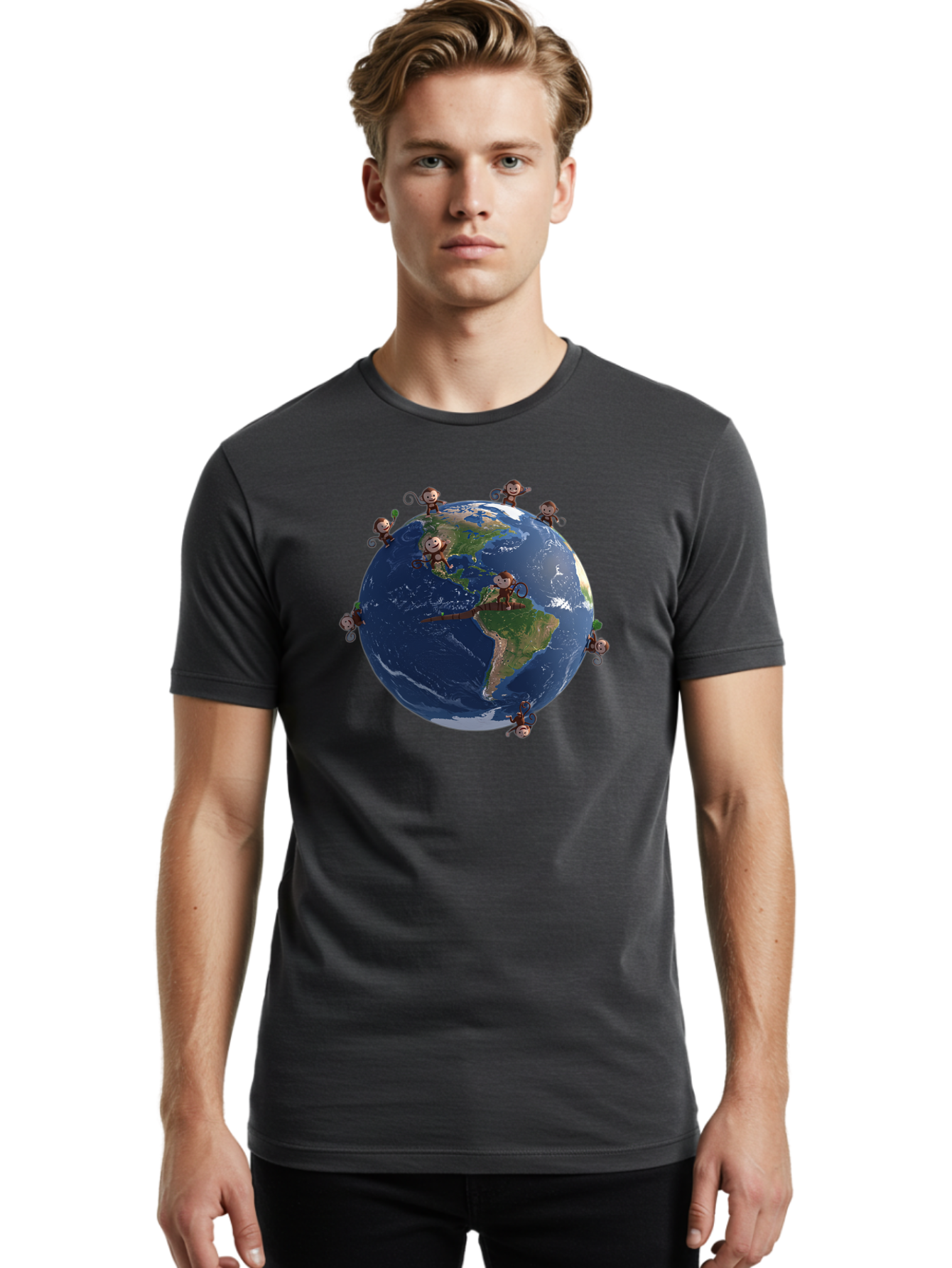 Monkeys-Around-The-World Men'S Graphic Tee, 100% Cotton, Comfortable Casual Summer Wear, Machine Washable, Monkeys On The Globe, Playful Primates, World Map, International Fun, Cartoon Characters, Global Unity, Amusing Scene, Monkey Business Bab017