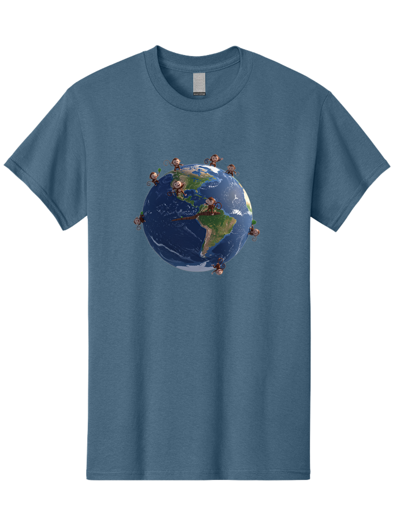 Monkeys-Around-The-World Men'S Graphic Tee, 100% Cotton, Comfortable Casual Summer Wear, Machine Washable, Monkeys On The Globe, Playful Primates, World Map, International Fun, Cartoon Characters, Global Unity, Amusing Scene, Monkey Business Bab017