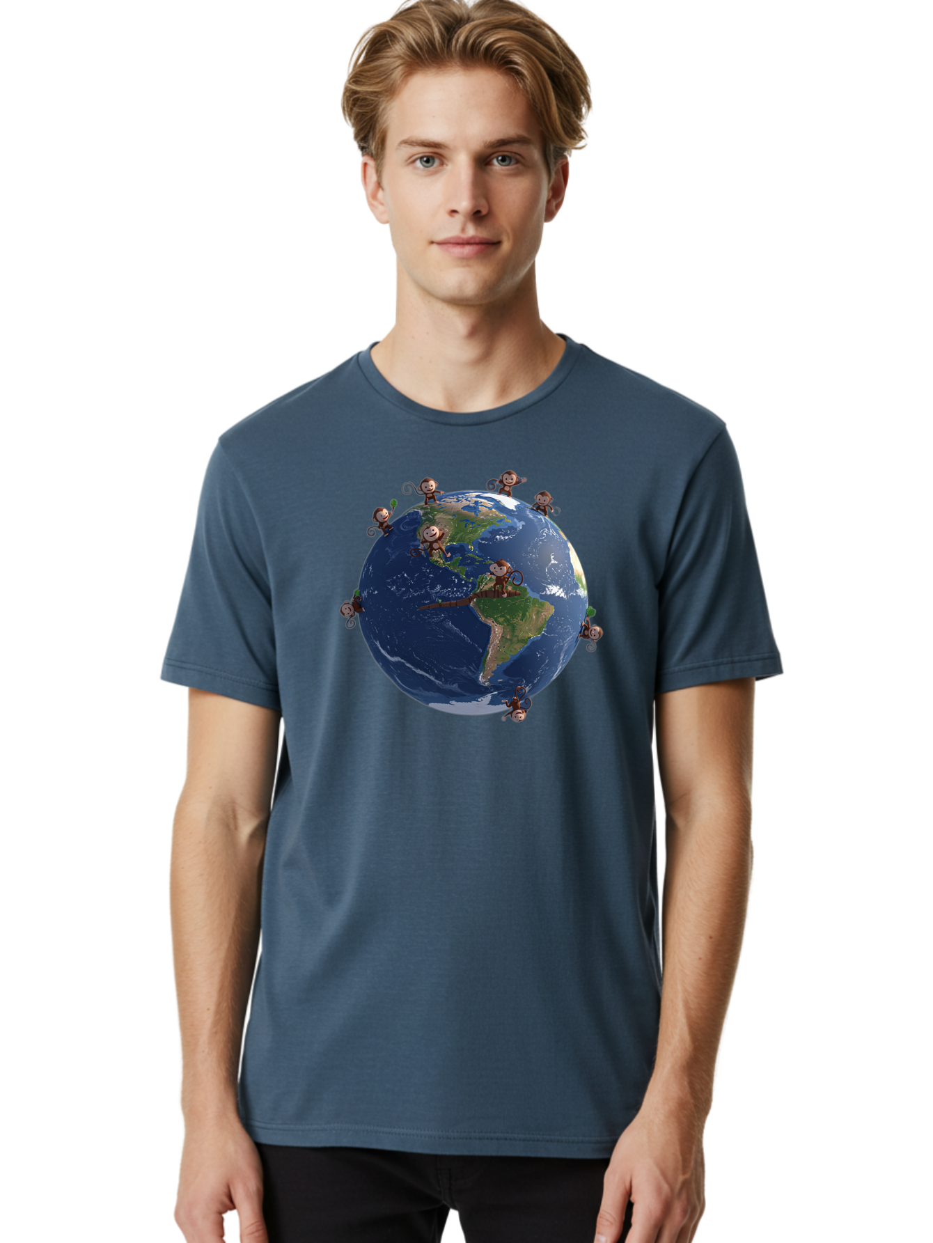 Monkeys-Around-The-World Men'S Graphic Tee, 100% Cotton, Comfortable Casual Summer Wear, Machine Washable, Monkeys On The Globe, Playful Primates, World Map, International Fun, Cartoon Characters, Global Unity, Amusing Scene, Monkey Business Bab017