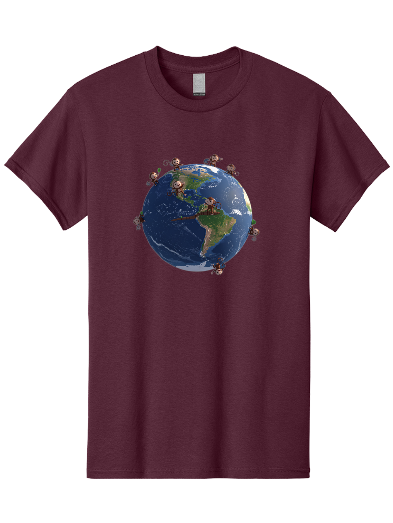 Monkeys-Around-The-World Men'S Graphic Tee, 100% Cotton, Comfortable Casual Summer Wear, Machine Washable, Monkeys On The Globe, Playful Primates, World Map, International Fun, Cartoon Characters, Global Unity, Amusing Scene, Monkey Business Bab017