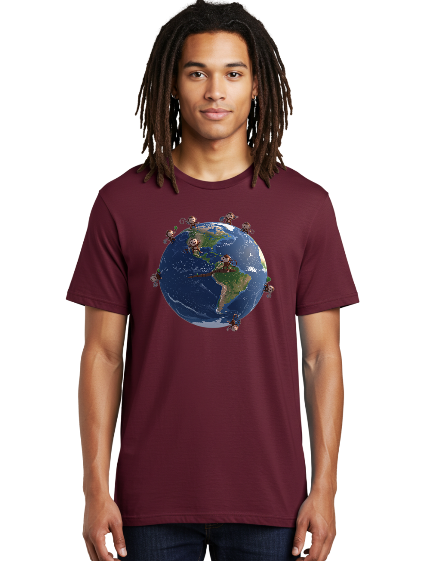 Monkeys-Around-The-World Men'S Graphic Tee, 100% Cotton, Comfortable Casual Summer Wear, Machine Washable, Monkeys On The Globe, Playful Primates, World Map, International Fun, Cartoon Characters, Global Unity, Amusing Scene, Monkey Business Bab017