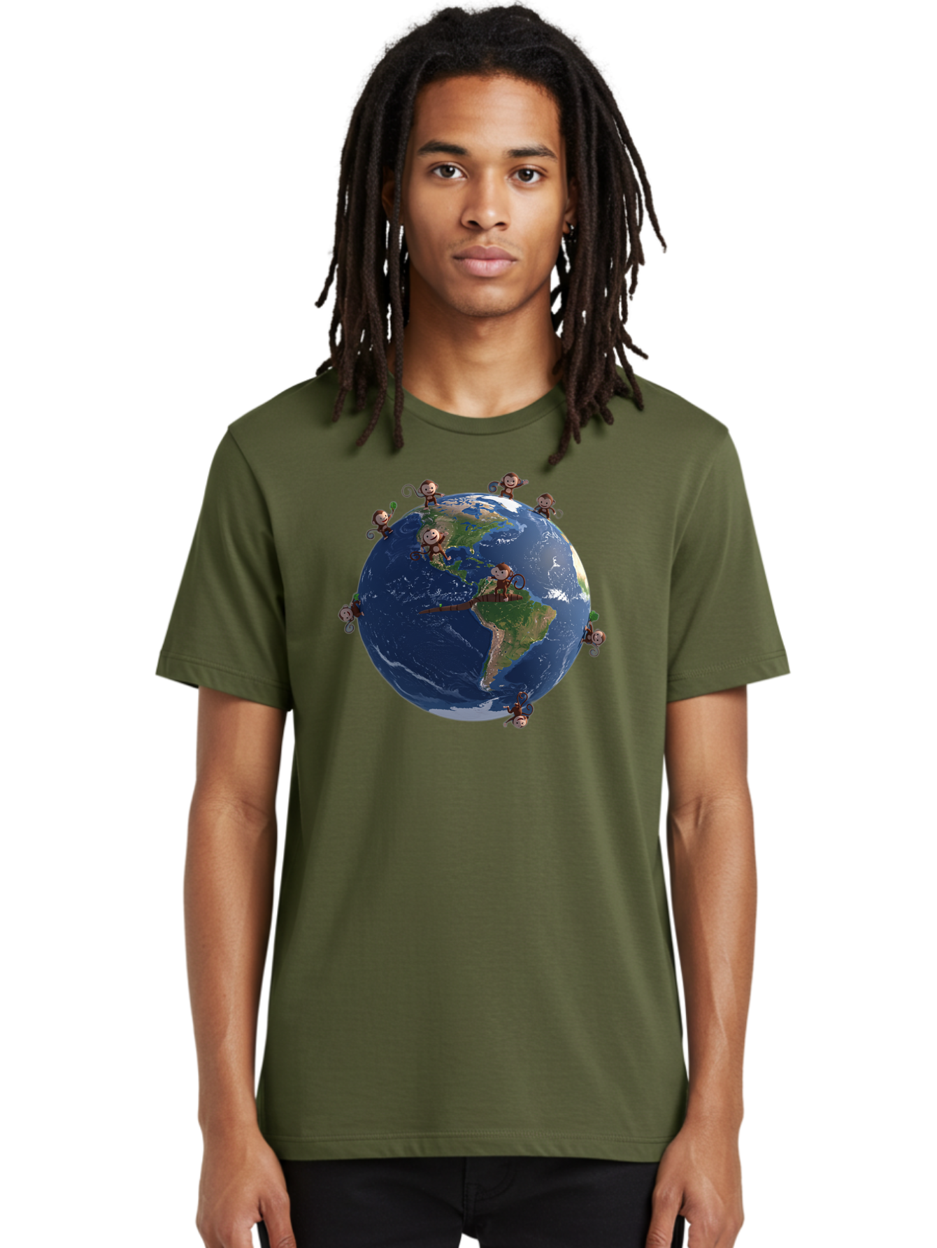 Monkeys-Around-The-World Men'S Graphic Tee, 100% Cotton, Comfortable Casual Summer Wear, Machine Washable, Monkeys On The Globe, Playful Primates, World Map, International Fun, Cartoon Characters, Global Unity, Amusing Scene, Monkey Business Bab017