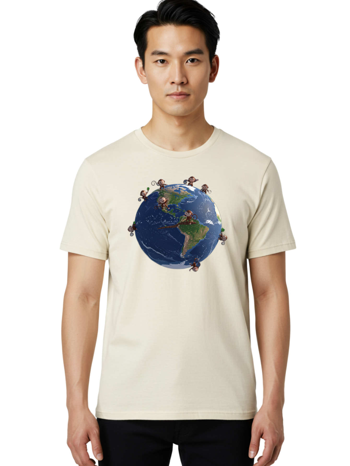 Monkeys-Around-The-World Men'S Graphic Tee, 100% Cotton, Comfortable Casual Summer Wear, Machine Washable, Monkeys On The Globe, Playful Primates, World Map, International Fun, Cartoon Characters, Global Unity, Amusing Scene, Monkey Business Bab017