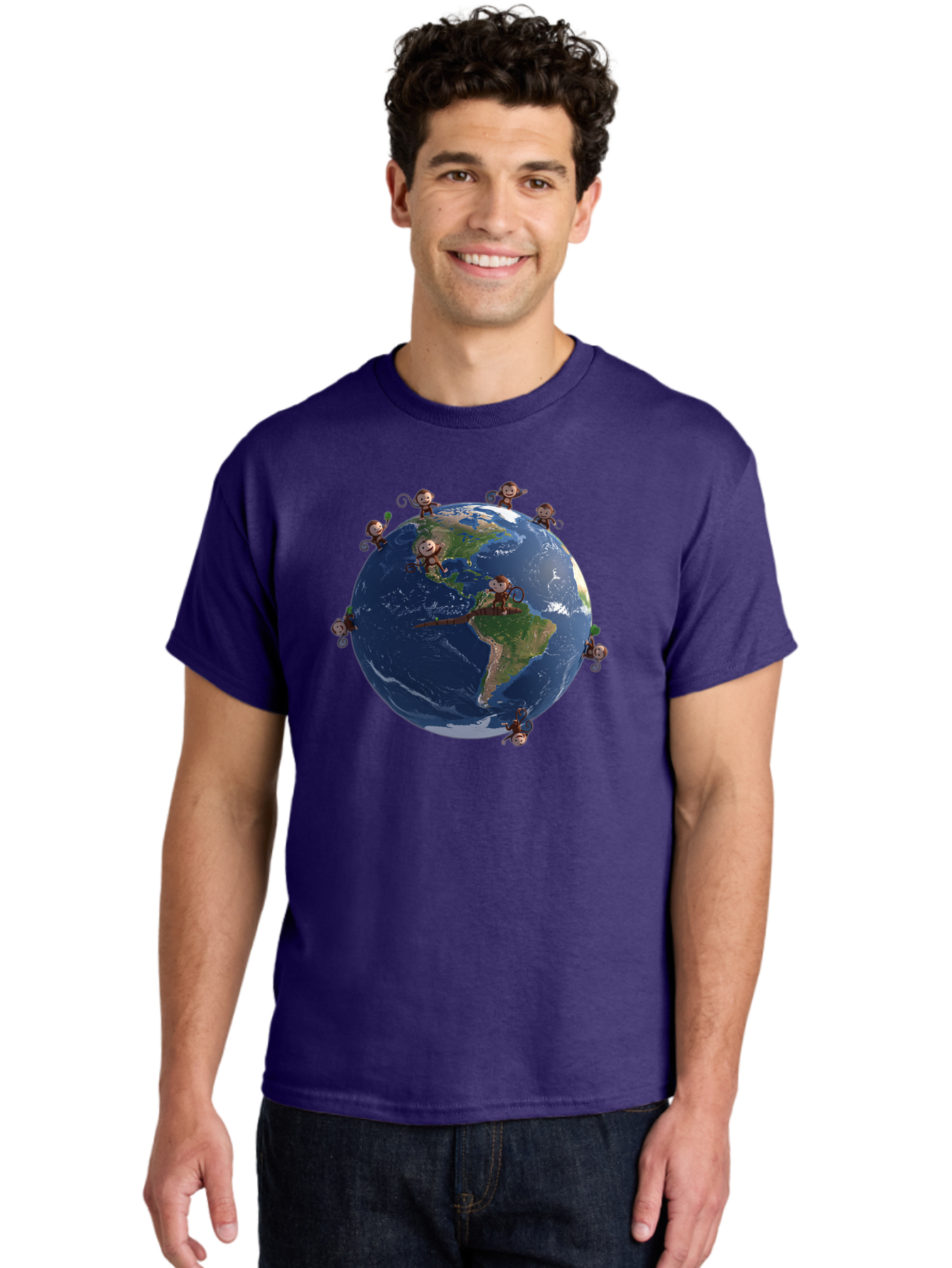 Monkeys-Around-The-World Men'S Graphic Tee, 100% Cotton, Comfortable Casual Summer Wear, Machine Washable, Monkeys On The Globe, Playful Primates, World Map, International Fun, Cartoon Characters, Global Unity, Amusing Scene, Monkey Business Bab017