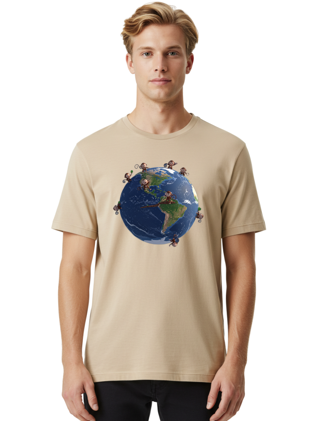Monkeys-Around-The-World Men'S Graphic Tee, 100% Cotton, Comfortable Casual Summer Wear, Machine Washable, Monkeys On The Globe, Playful Primates, World Map, International Fun, Cartoon Characters, Global Unity, Amusing Scene, Monkey Business Bab017
