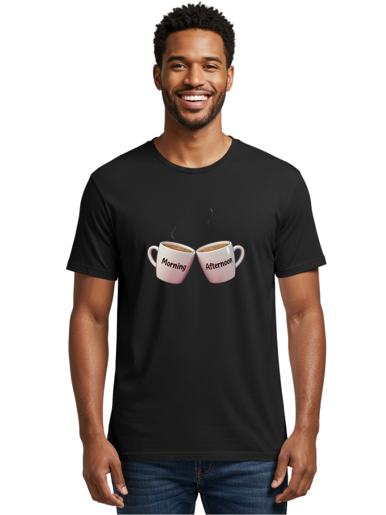 Morning-Afternoon-Coffee-Cups Men'S Graphic Tee, 100% Cotton, Comfortable Casual Summer Wear, Machine Washable, Two Coffee Cups, Morning Coffee, Afternoon Coffee, Steaming Hot Coffee, Coffee Time, Daily Routine, Coffee Break Bab021