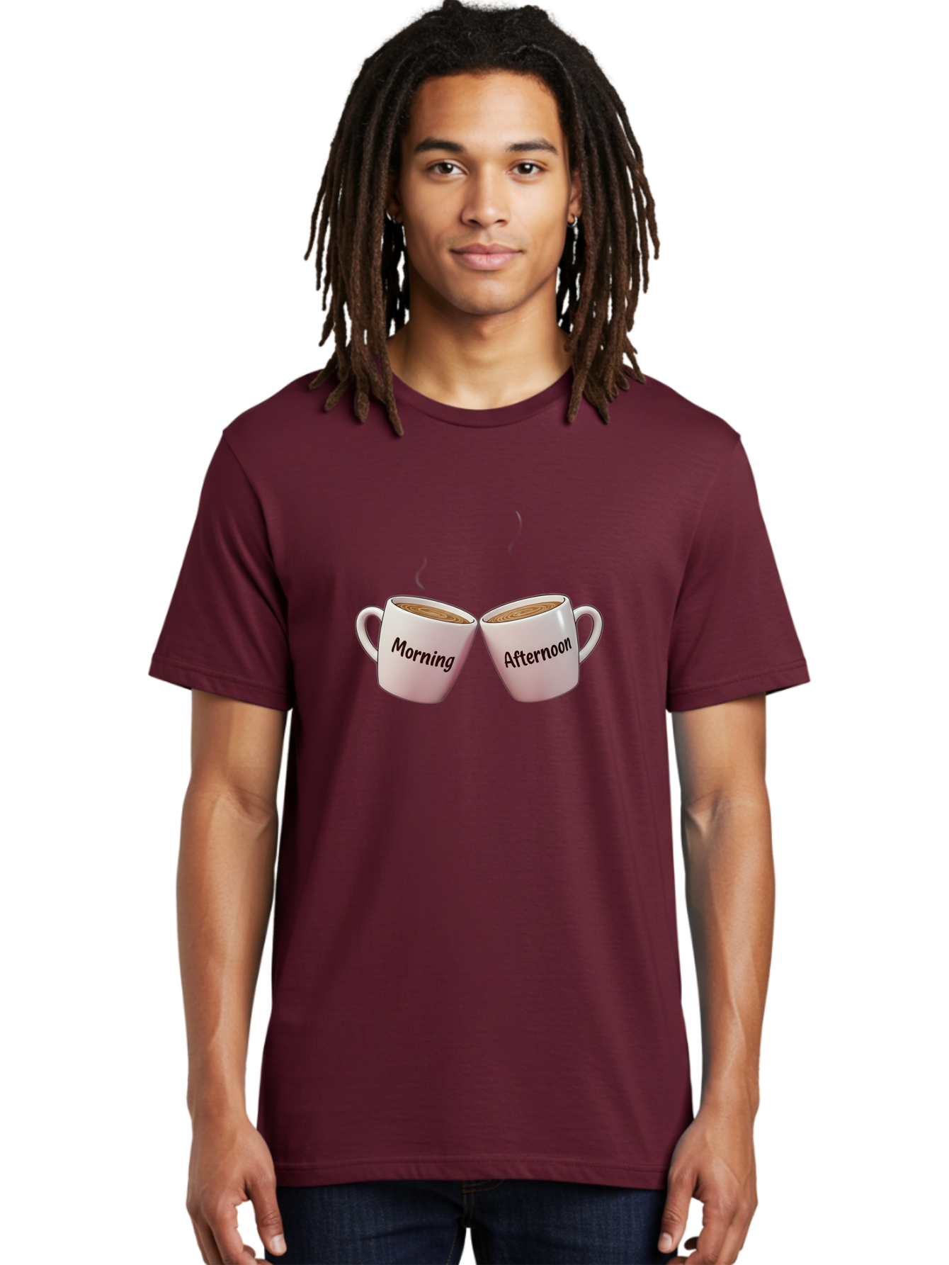 Morning-Afternoon-Coffee-Cups Men'S Graphic Tee, 100% Cotton, Comfortable Casual Summer Wear, Machine Washable, Two Coffee Cups, Morning Coffee, Afternoon Coffee, Steaming Hot Coffee, Coffee Time, Daily Routine, Coffee Break Bab021