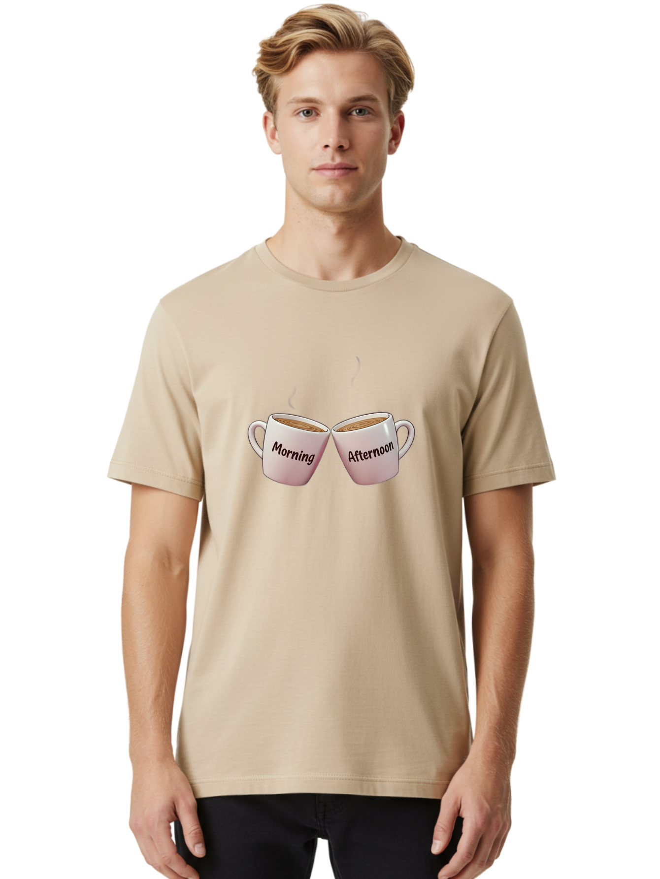 Morning-Afternoon-Coffee-Cups Men'S Graphic Tee, 100% Cotton, Comfortable Casual Summer Wear, Machine Washable, Two Coffee Cups, Morning Coffee, Afternoon Coffee, Steaming Hot Coffee, Coffee Time, Daily Routine, Coffee Break Bab021