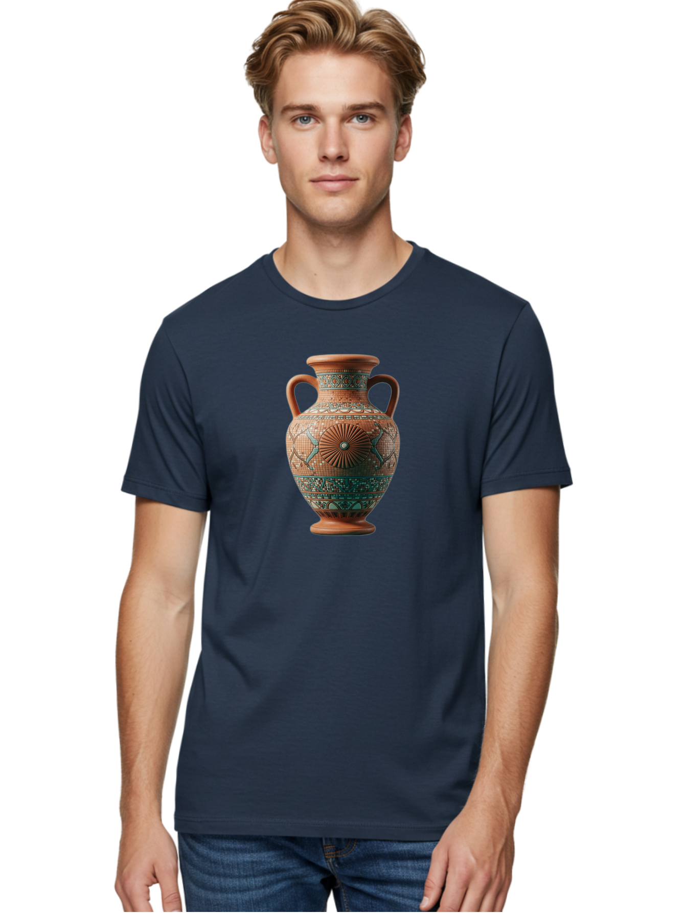 Mosaic-Vase Men'S Graphic Tee, 100% Cotton, Comfortable Casual Summer Wear, Machine Washable, Ancient Greek Vase, Terracotta Pottery, Classical Design, Ornate Patterns, Mosaic Art, Cultural Heritage, Traditional Craftsmanship, Bab023