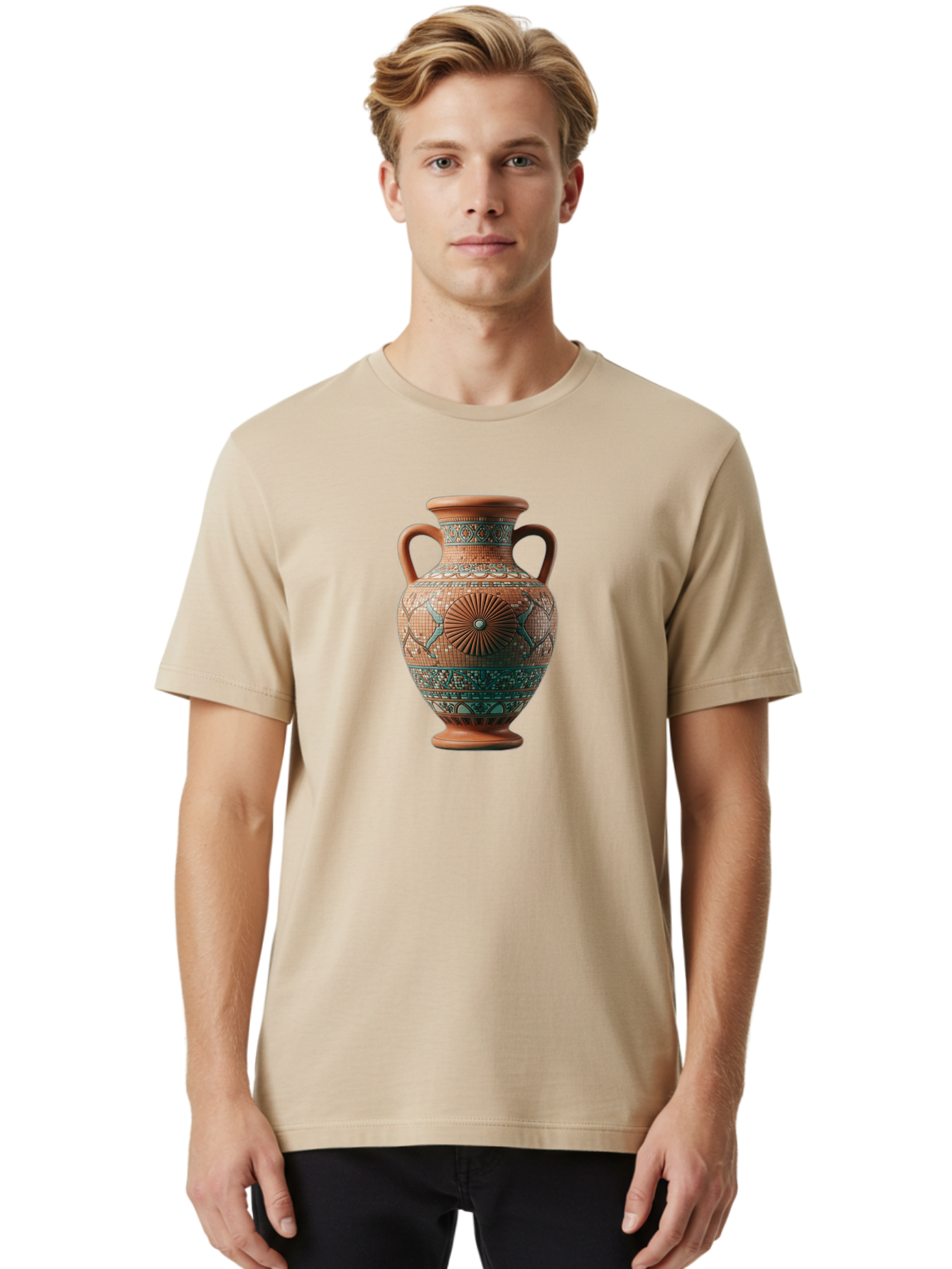 Mosaic-Vase Men'S Graphic Tee, 100% Cotton, Comfortable Casual Summer Wear, Machine Washable, Ancient Greek Vase, Terracotta Pottery, Classical Design, Ornate Patterns, Mosaic Art, Cultural Heritage, Traditional Craftsmanship, Bab023