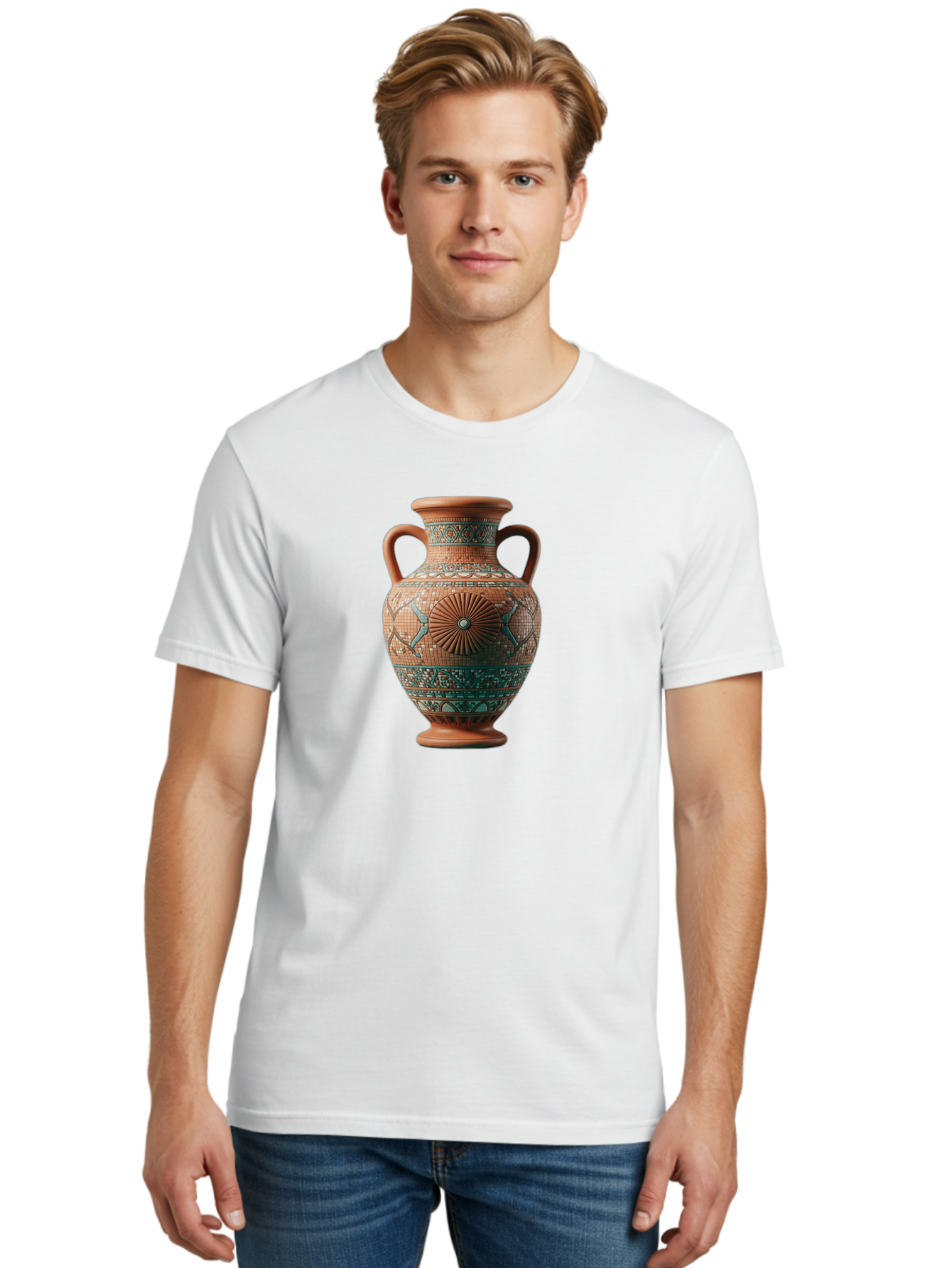 Mosaic-Vase Men'S Graphic Tee, 100% Cotton, Comfortable Casual Summer Wear, Machine Washable, Ancient Greek Vase, Terracotta Pottery, Classical Design, Ornate Patterns, Mosaic Art, Cultural Heritage, Traditional Craftsmanship, Bab023