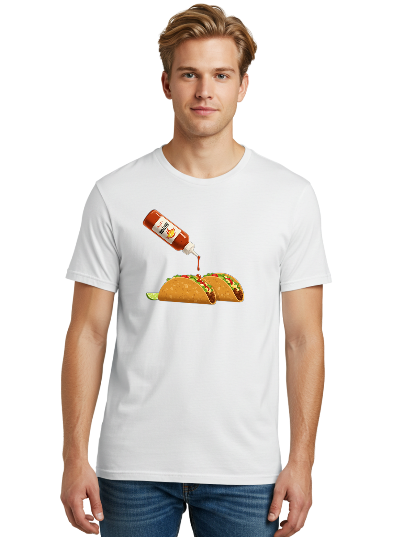 Mosque-Hot-Sauce-Tacos Men'S Graphic Tee, 100% Cotton, Comfortable Casual Summer Wear, Machine Washable, Mexican Cuisine, Tacos With Hot Sauce, Spicy Food, Salsa, Condiments, Mexican Flavors, Taco Toppings, Hot Peppers Bab024