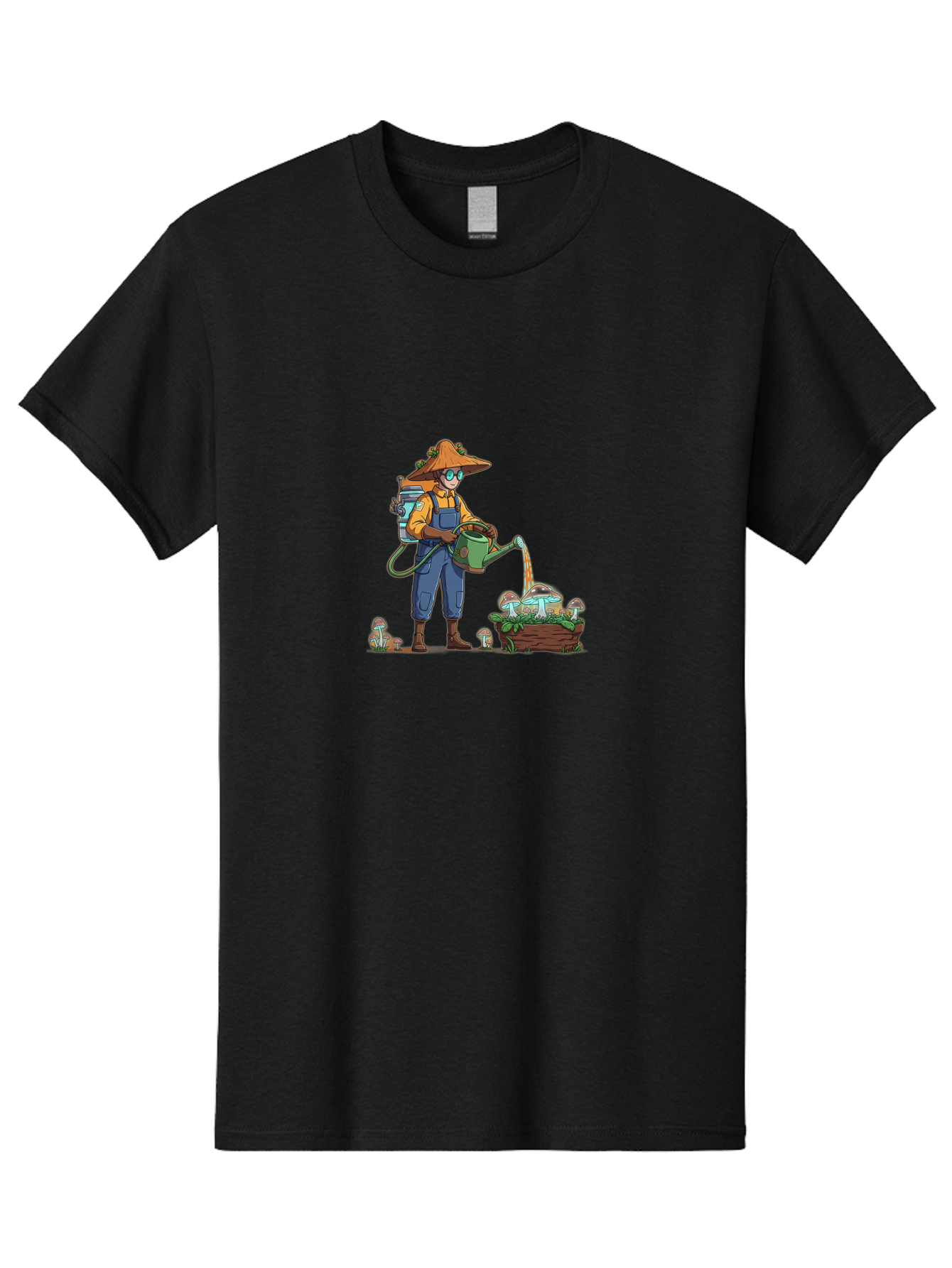 Mushroom-Gardener Men'S Graphic Tee, 100% Cotton, Comfortable Casual Summer Wear, Machine Washable, Gardener Watering Mushrooms, Cartoon Character, Gardening Tools, Mushroom Cultivation, Fantasy Gardening, Fun Illustration, Mushroom Care, Bab026