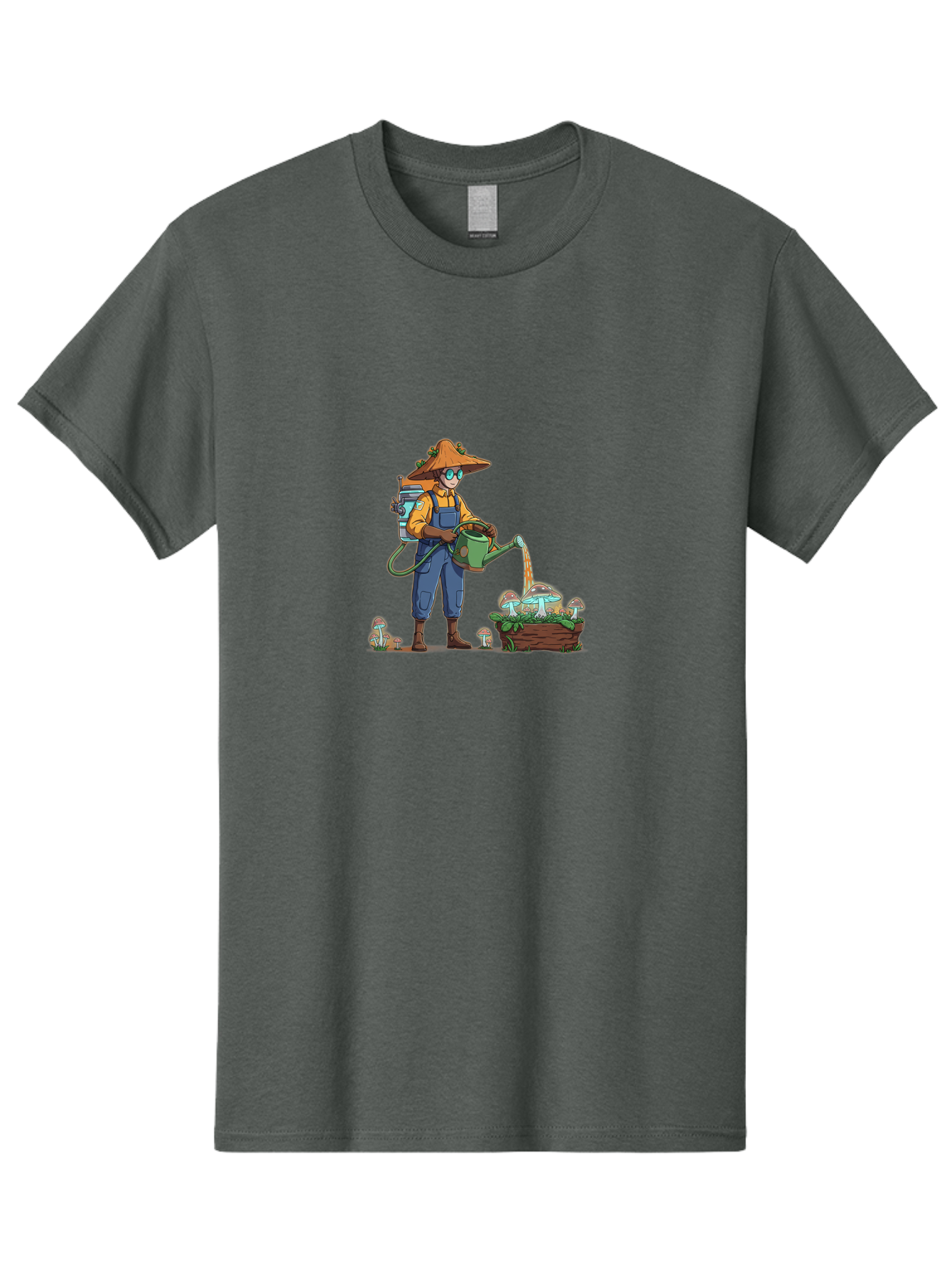 Mushroom-Gardener Men'S Graphic Tee, 100% Cotton, Comfortable Casual Summer Wear, Machine Washable, Gardener Watering Mushrooms, Cartoon Character, Gardening Tools, Mushroom Cultivation, Fantasy Gardening, Fun Illustration, Mushroom Care, Bab026