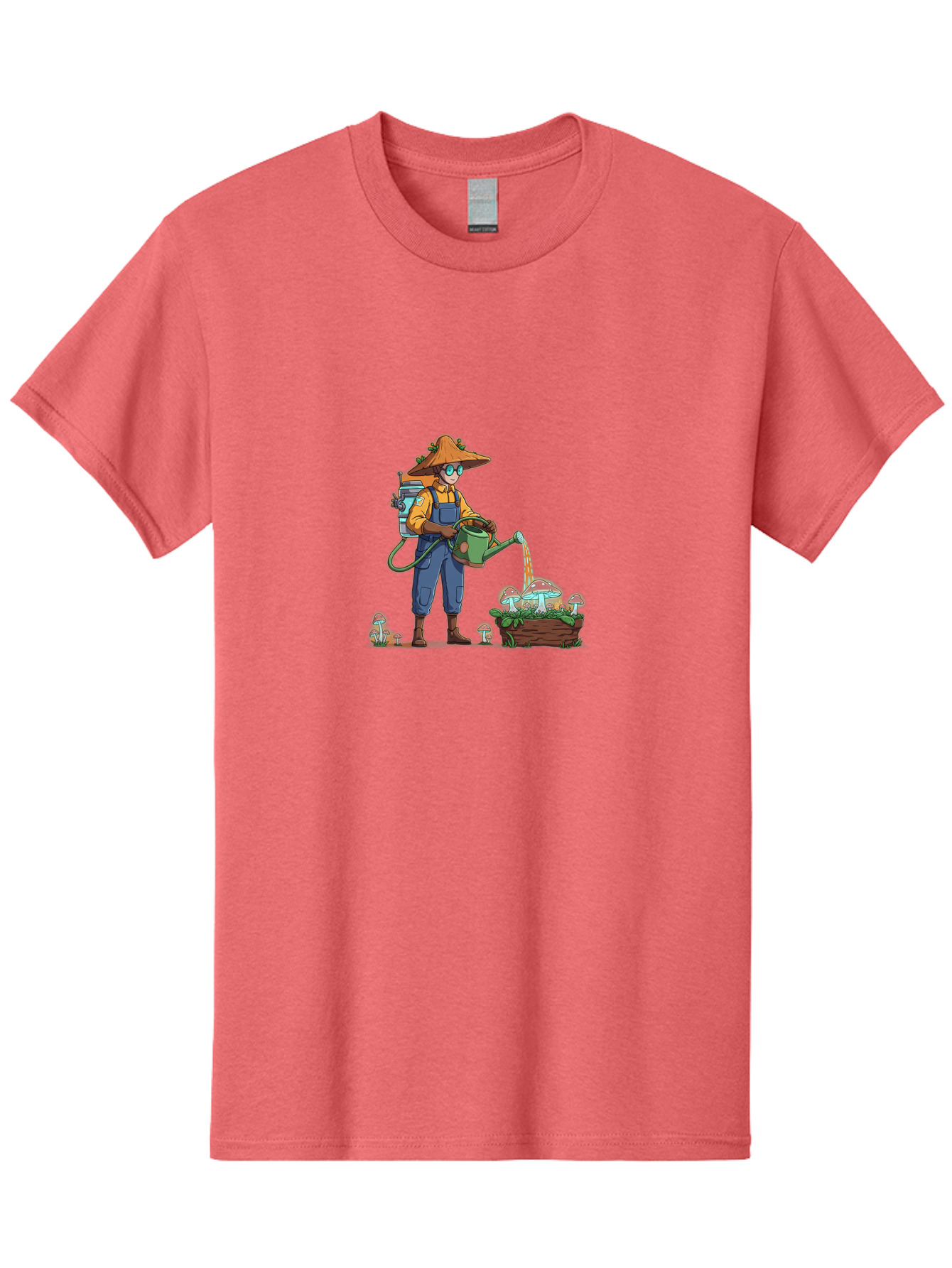 Mushroom-Gardener Men'S Graphic Tee, 100% Cotton, Comfortable Casual Summer Wear, Machine Washable, Gardener Watering Mushrooms, Cartoon Character, Gardening Tools, Mushroom Cultivation, Fantasy Gardening, Fun Illustration, Mushroom Care, Bab026