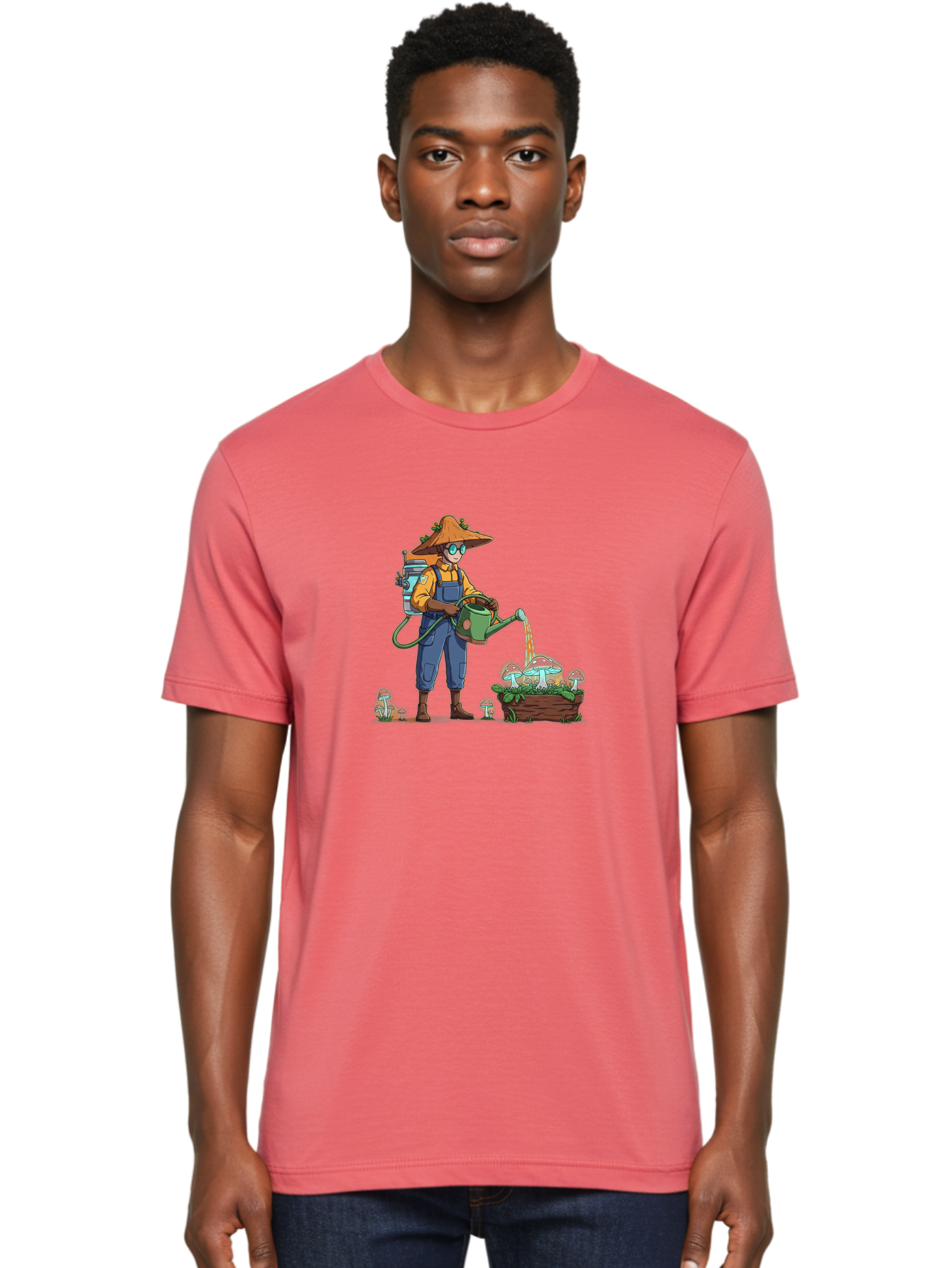 Mushroom-Gardener Men'S Graphic Tee, 100% Cotton, Comfortable Casual Summer Wear, Machine Washable, Gardener Watering Mushrooms, Cartoon Character, Gardening Tools, Mushroom Cultivation, Fantasy Gardening, Fun Illustration, Mushroom Care, Bab026