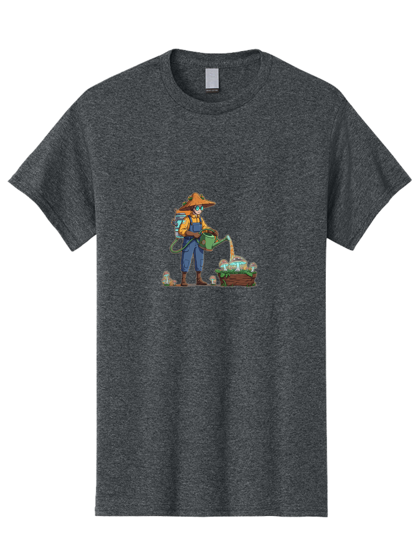 Mushroom-Gardener Men'S Graphic Tee, 100% Cotton, Comfortable Casual Summer Wear, Machine Washable, Gardener Watering Mushrooms, Cartoon Character, Gardening Tools, Mushroom Cultivation, Fantasy Gardening, Fun Illustration, Mushroom Care, Bab026