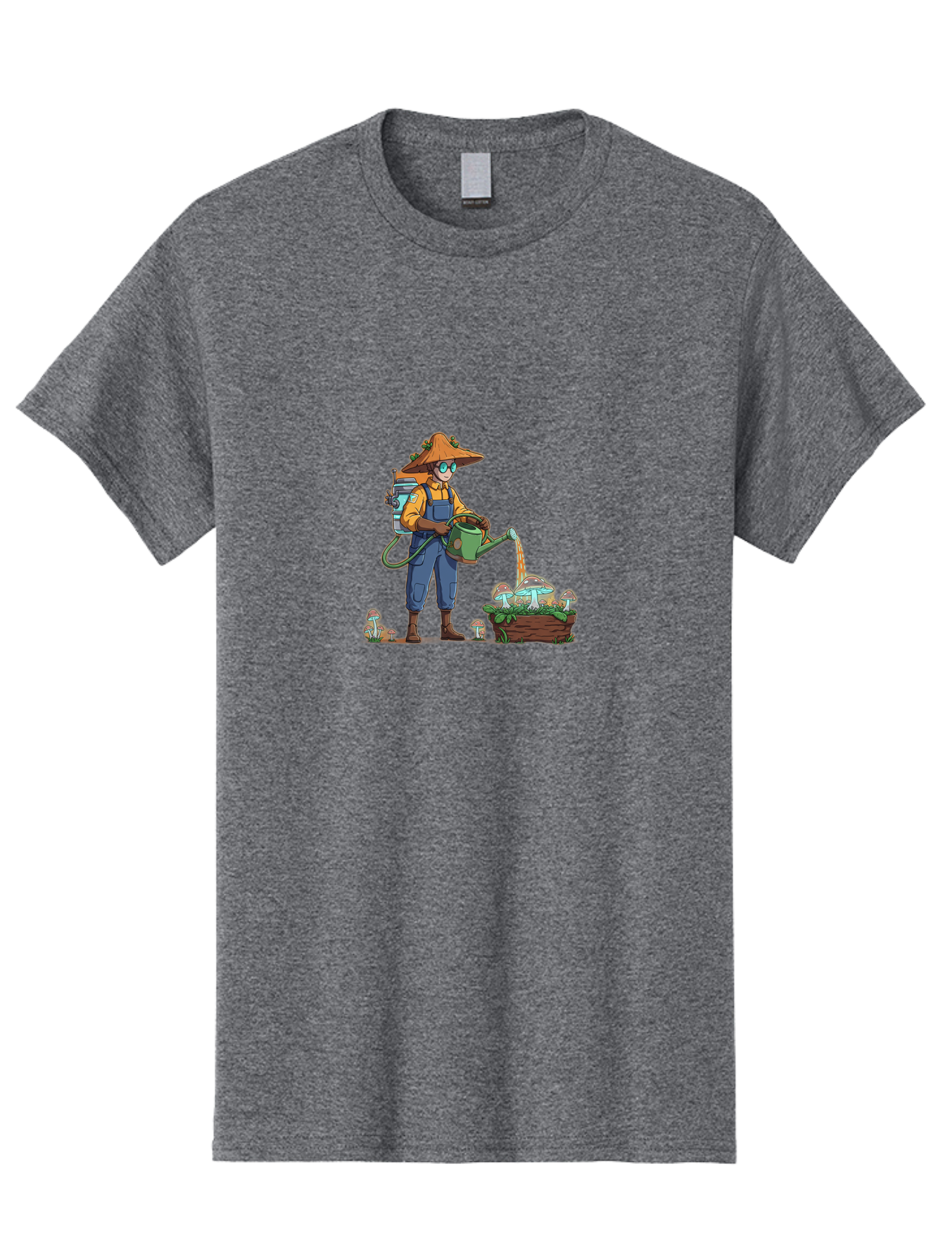 Mushroom-Gardener Men'S Graphic Tee, 100% Cotton, Comfortable Casual Summer Wear, Machine Washable, Gardener Watering Mushrooms, Cartoon Character, Gardening Tools, Mushroom Cultivation, Fantasy Gardening, Fun Illustration, Mushroom Care, Bab026