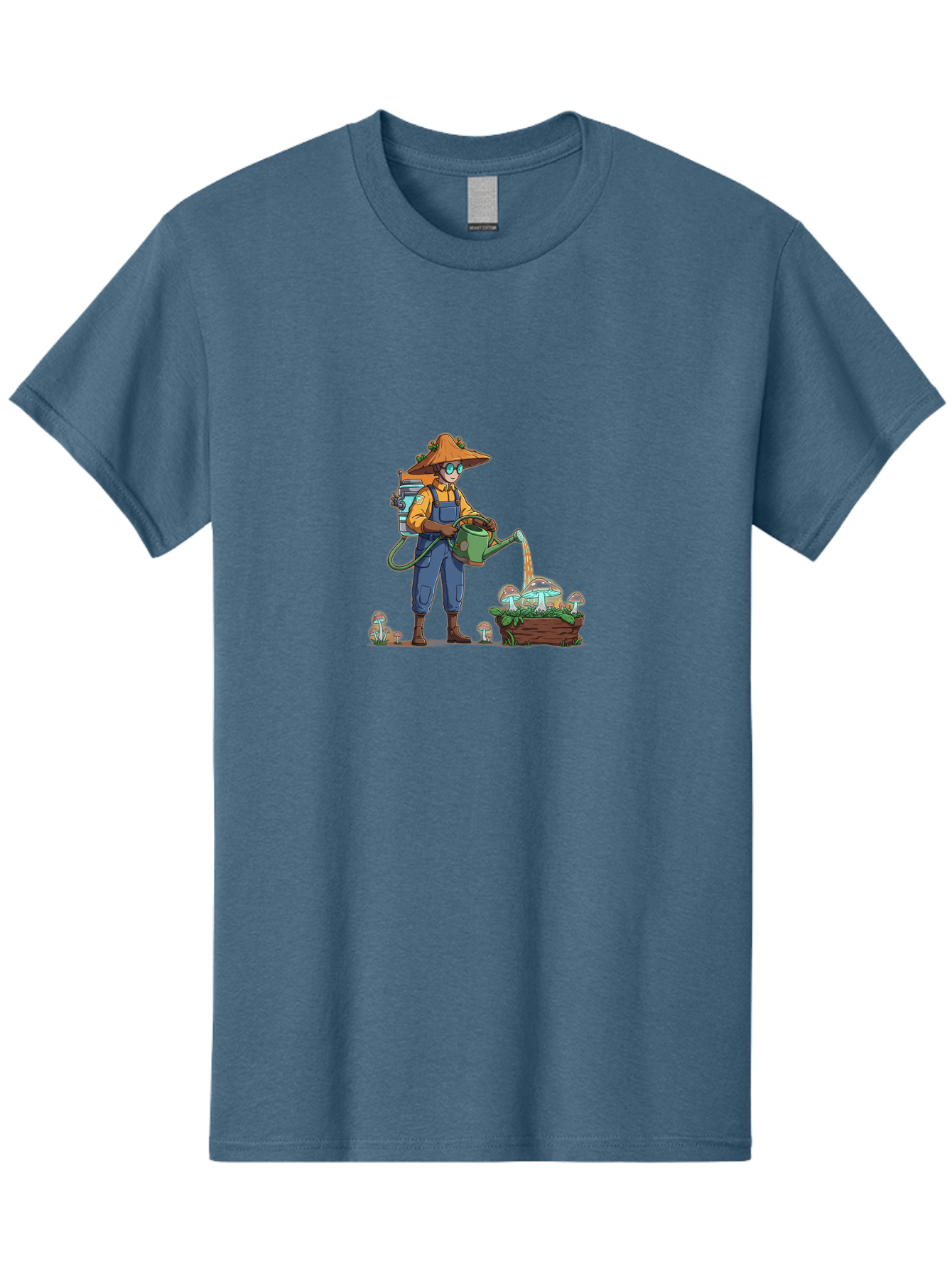 Mushroom-Gardener Men'S Graphic Tee, 100% Cotton, Comfortable Casual Summer Wear, Machine Washable, Gardener Watering Mushrooms, Cartoon Character, Gardening Tools, Mushroom Cultivation, Fantasy Gardening, Fun Illustration, Mushroom Care, Bab026