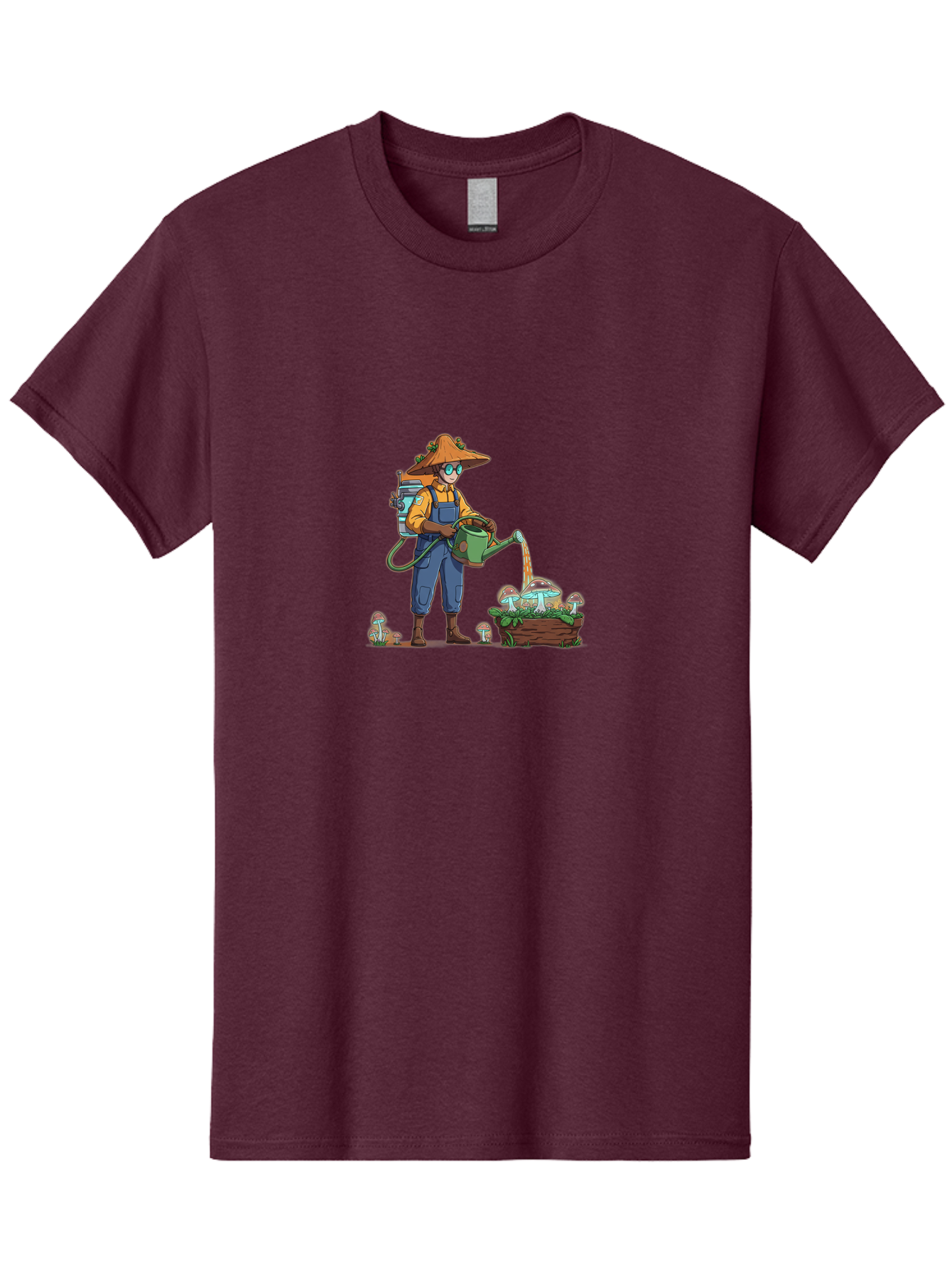 Mushroom-Gardener Men'S Graphic Tee, 100% Cotton, Comfortable Casual Summer Wear, Machine Washable, Gardener Watering Mushrooms, Cartoon Character, Gardening Tools, Mushroom Cultivation, Fantasy Gardening, Fun Illustration, Mushroom Care, Bab026
