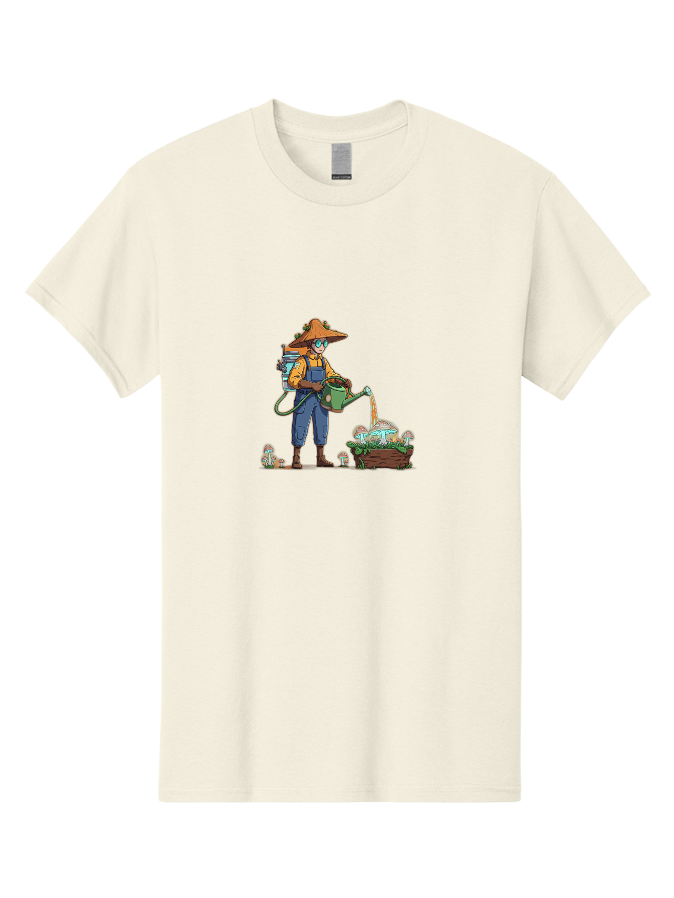 Mushroom-Gardener Men'S Graphic Tee, 100% Cotton, Comfortable Casual Summer Wear, Machine Washable, Gardener Watering Mushrooms, Cartoon Character, Gardening Tools, Mushroom Cultivation, Fantasy Gardening, Fun Illustration, Mushroom Care, Bab026