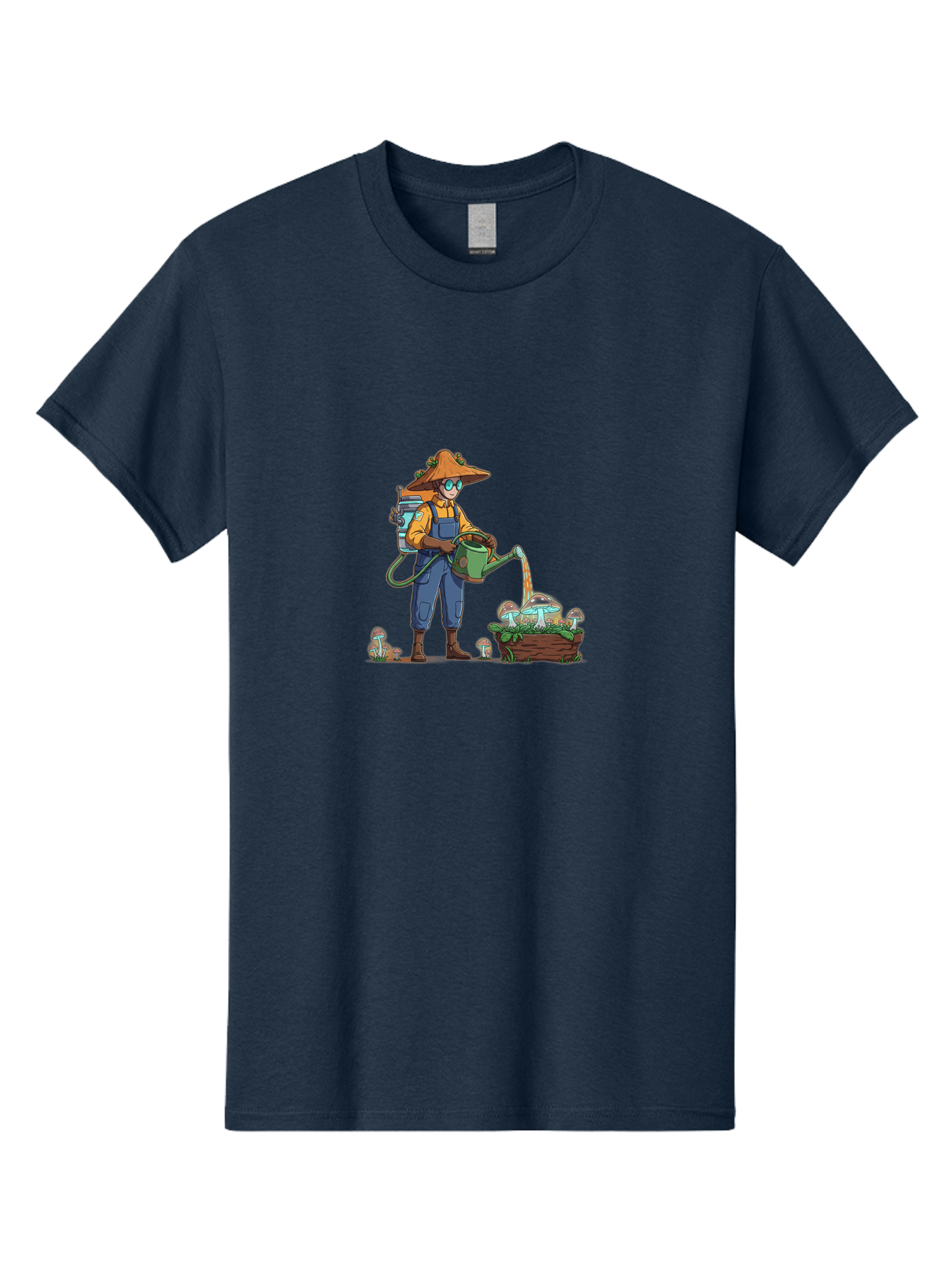 Mushroom-Gardener Men'S Graphic Tee, 100% Cotton, Comfortable Casual Summer Wear, Machine Washable, Gardener Watering Mushrooms, Cartoon Character, Gardening Tools, Mushroom Cultivation, Fantasy Gardening, Fun Illustration, Mushroom Care, Bab026