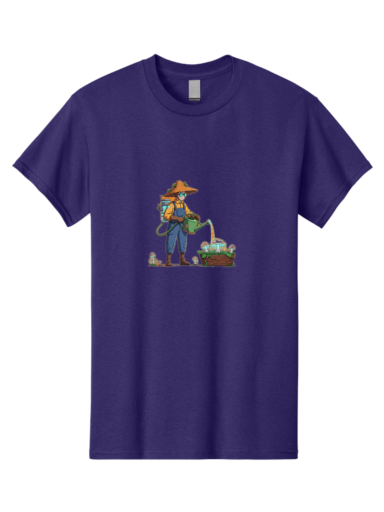 Mushroom-Gardener Men'S Graphic Tee, 100% Cotton, Comfortable Casual Summer Wear, Machine Washable, Gardener Watering Mushrooms, Cartoon Character, Gardening Tools, Mushroom Cultivation, Fantasy Gardening, Fun Illustration, Mushroom Care, Bab026