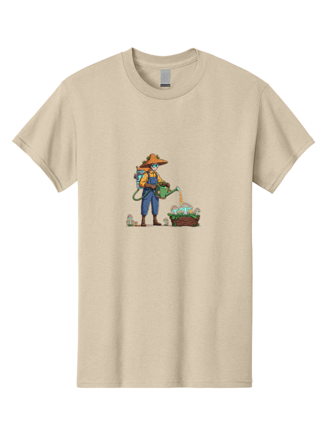 Mushroom-Gardener Men'S Graphic Tee, 100% Cotton, Comfortable Casual Summer Wear, Machine Washable, Gardener Watering Mushrooms, Cartoon Character, Gardening Tools, Mushroom Cultivation, Fantasy Gardening, Fun Illustration, Mushroom Care, Bab026