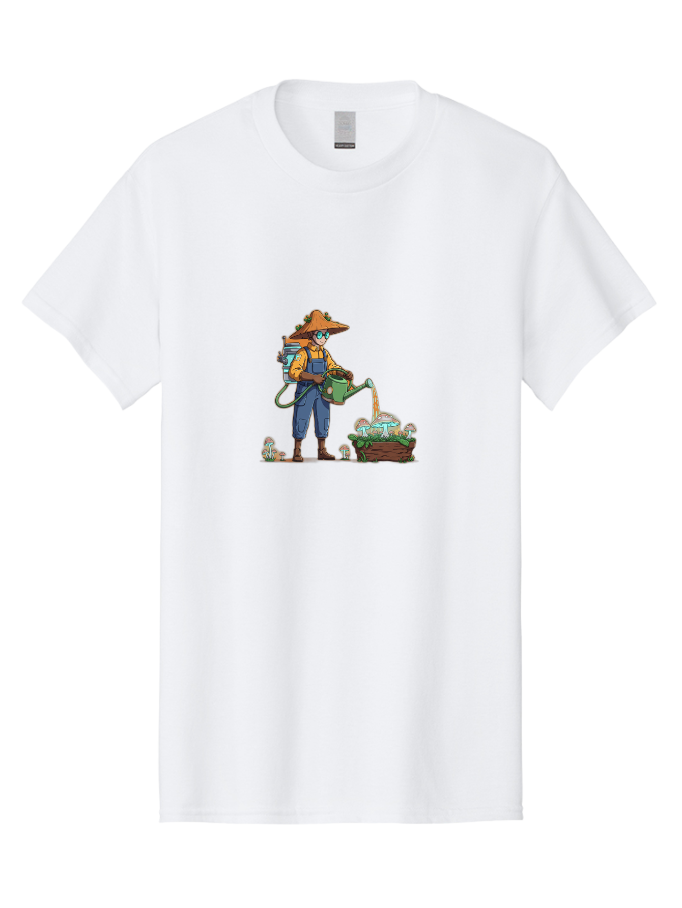 Mushroom-Gardener Men'S Graphic Tee, 100% Cotton, Comfortable Casual Summer Wear, Machine Washable, Gardener Watering Mushrooms, Cartoon Character, Gardening Tools, Mushroom Cultivation, Fantasy Gardening, Fun Illustration, Mushroom Care, Bab026