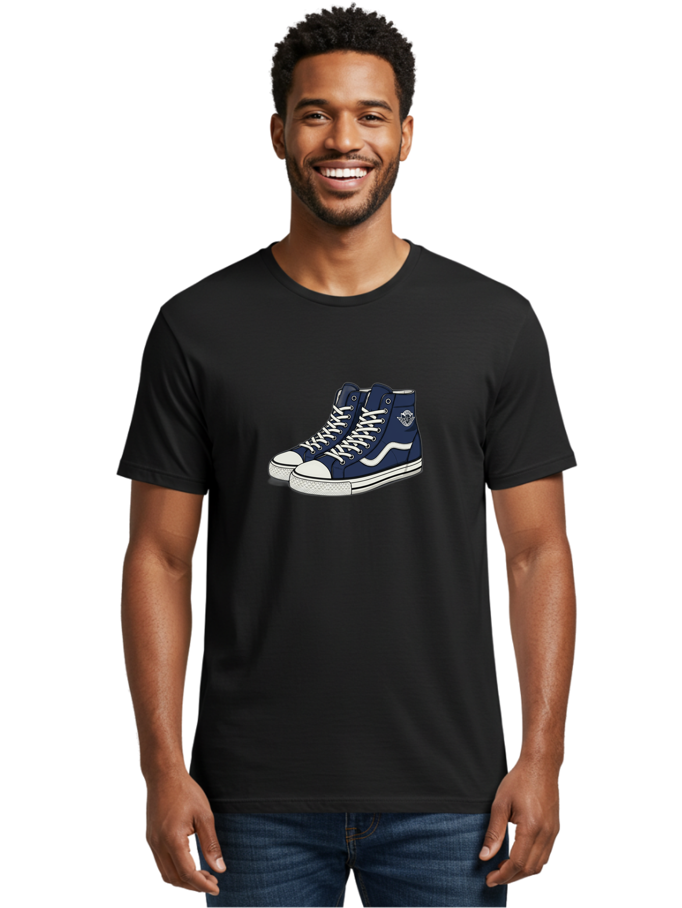 Navy-Blue-High-Top-Sneakers Men'S Graphic Tee, 100% Cotton, Comfortable Casual Summer Wear, Machine Washable, Navy Blue Sneakers, High-Top Shoes, White Laces, White Soles, Athletic Footwear, Casual Wear, Sports Shoes, Comfortable Shoes, Bab027