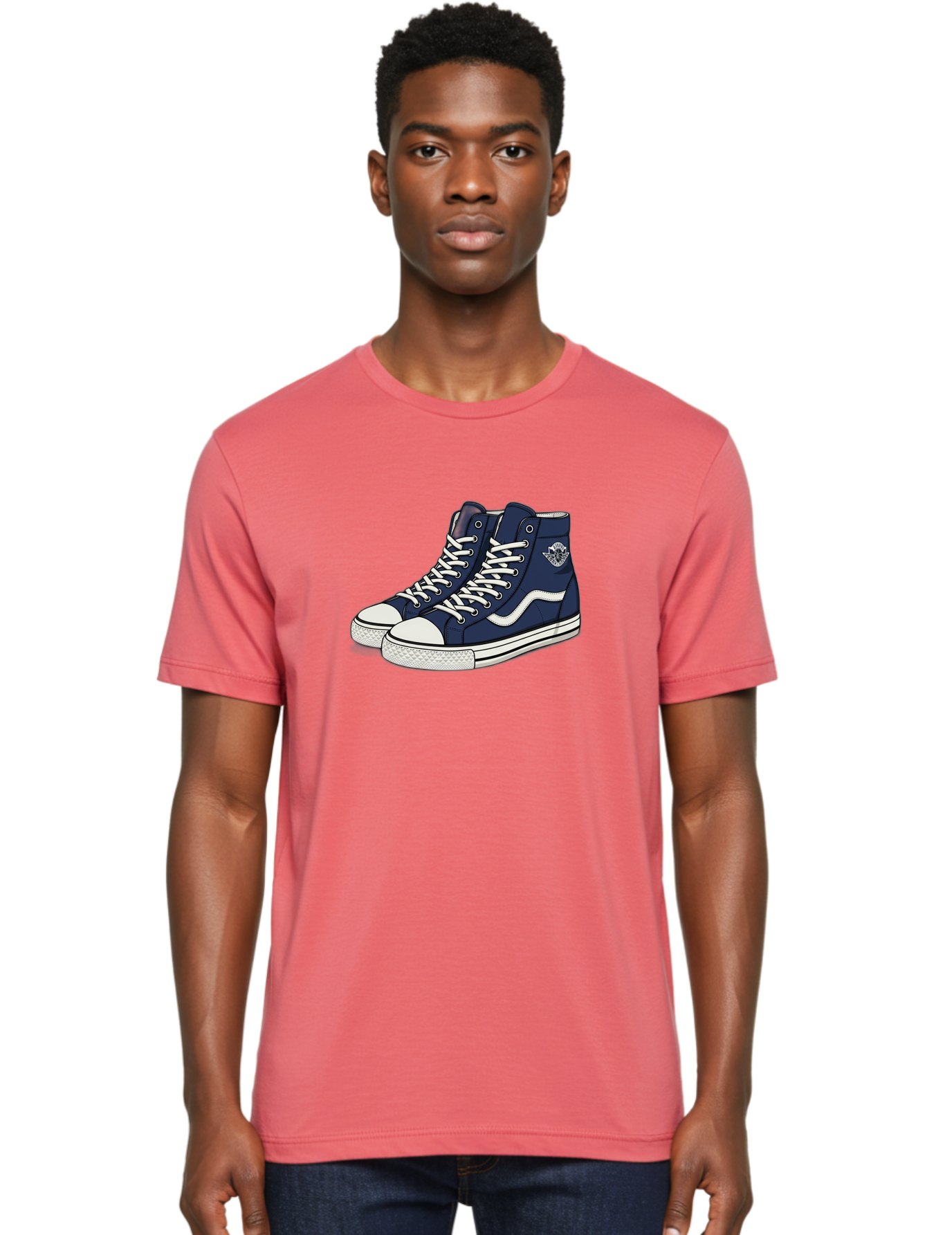 Navy-Blue-High-Top-Sneakers Men'S Graphic Tee, 100% Cotton, Comfortable Casual Summer Wear, Machine Washable, Navy Blue Sneakers, High-Top Shoes, White Laces, White Soles, Athletic Footwear, Casual Wear, Sports Shoes, Comfortable Shoes, Bab027