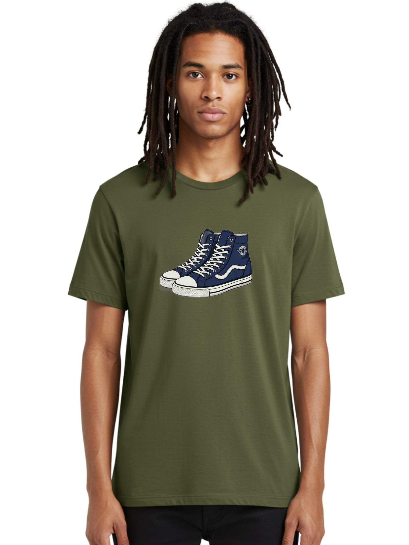 Navy-Blue-High-Top-Sneakers Men'S Graphic Tee, 100% Cotton, Comfortable Casual Summer Wear, Machine Washable, Navy Blue Sneakers, High-Top Shoes, White Laces, White Soles, Athletic Footwear, Casual Wear, Sports Shoes, Comfortable Shoes, Bab027