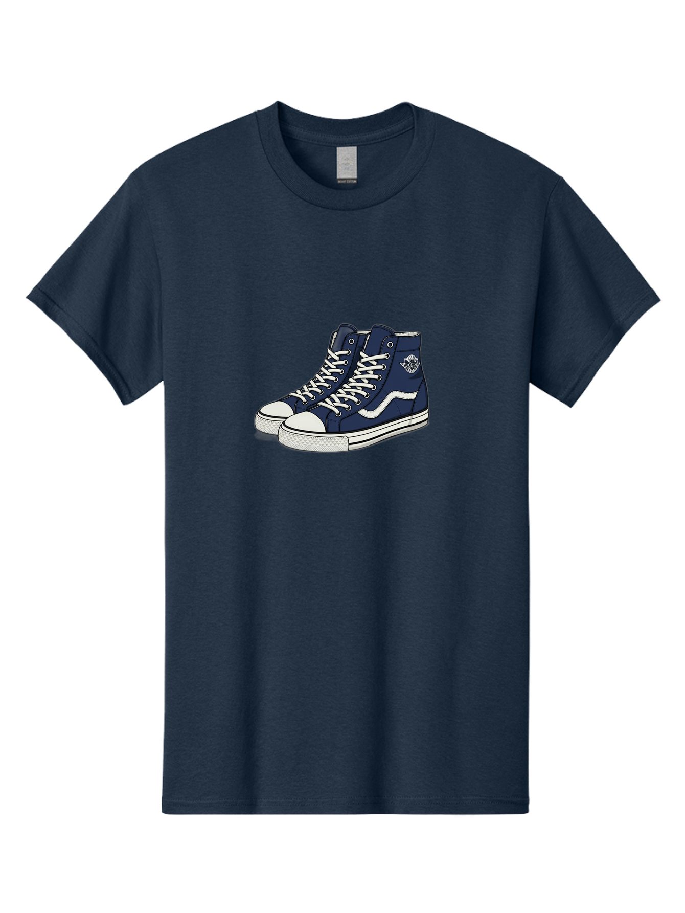 Navy-Blue-High-Top-Sneakers Men'S Graphic Tee, 100% Cotton, Comfortable Casual Summer Wear, Machine Washable, Navy Blue Sneakers, High-Top Shoes, White Laces, White Soles, Athletic Footwear, Casual Wear, Sports Shoes, Comfortable Shoes, Bab027