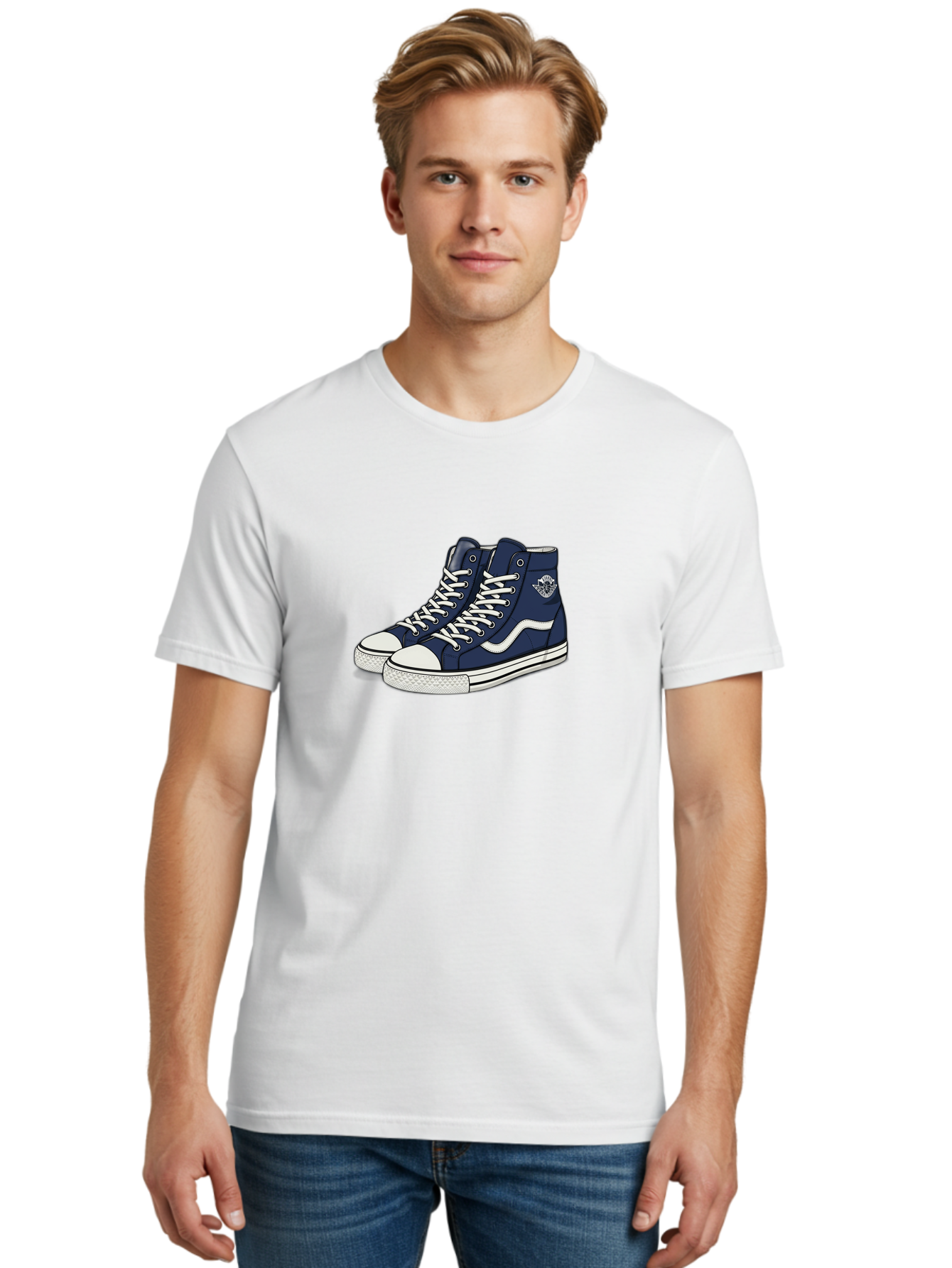 Navy-Blue-High-Top-Sneakers Men'S Graphic Tee, 100% Cotton, Comfortable Casual Summer Wear, Machine Washable, Navy Blue Sneakers, High-Top Shoes, White Laces, White Soles, Athletic Footwear, Casual Wear, Sports Shoes, Comfortable Shoes, Bab027